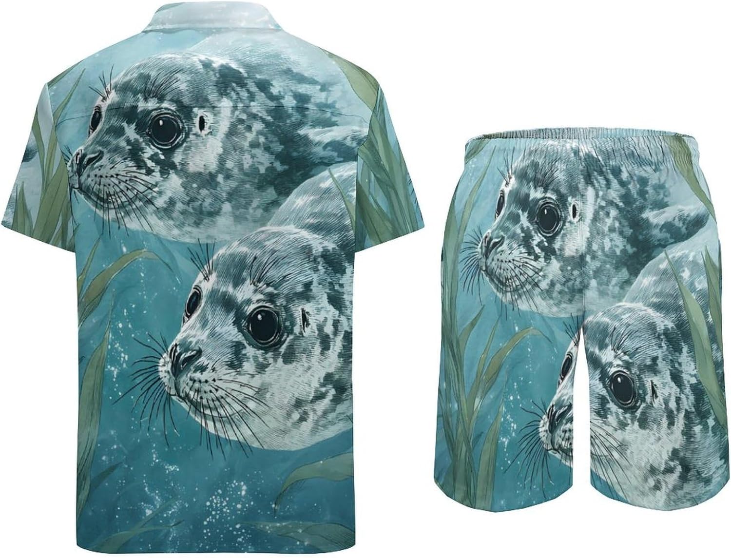 Leopard Seal Swimming Men's Summer Beach 2 Piece Outfits | hawaiian button down shirt and shorts,vacation cruise,mens bathing suit