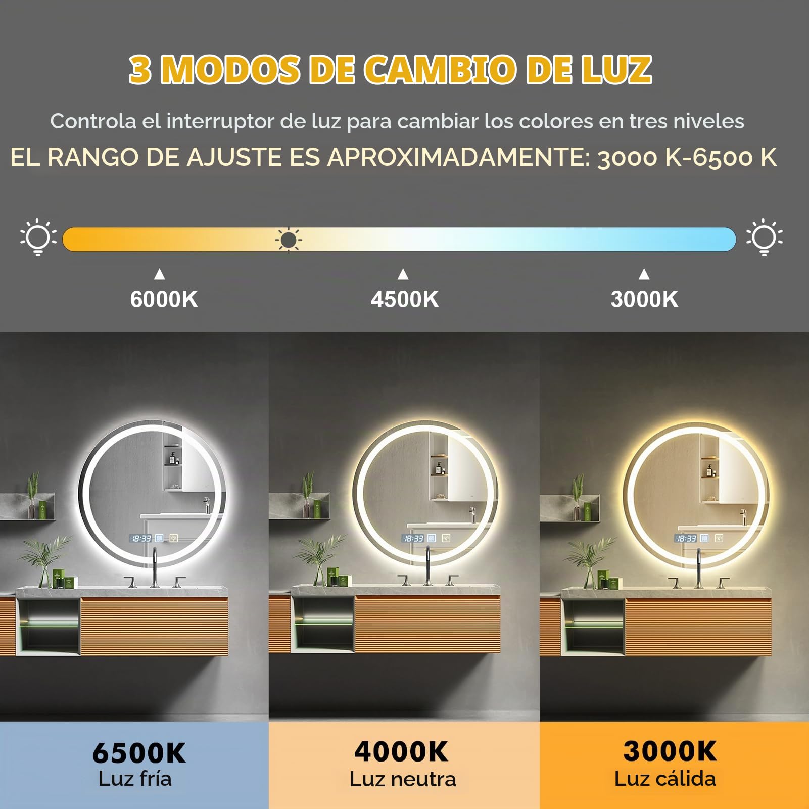 Espejo Baño con Luz 60 x 60 cm, Espejo LED baño Regulable Circular con Función Antivaho, 3 Temperaturas de Color, Ajustes de Tiempo, Función de Memoria, Sensor Táctil, Luz de Doble Cara