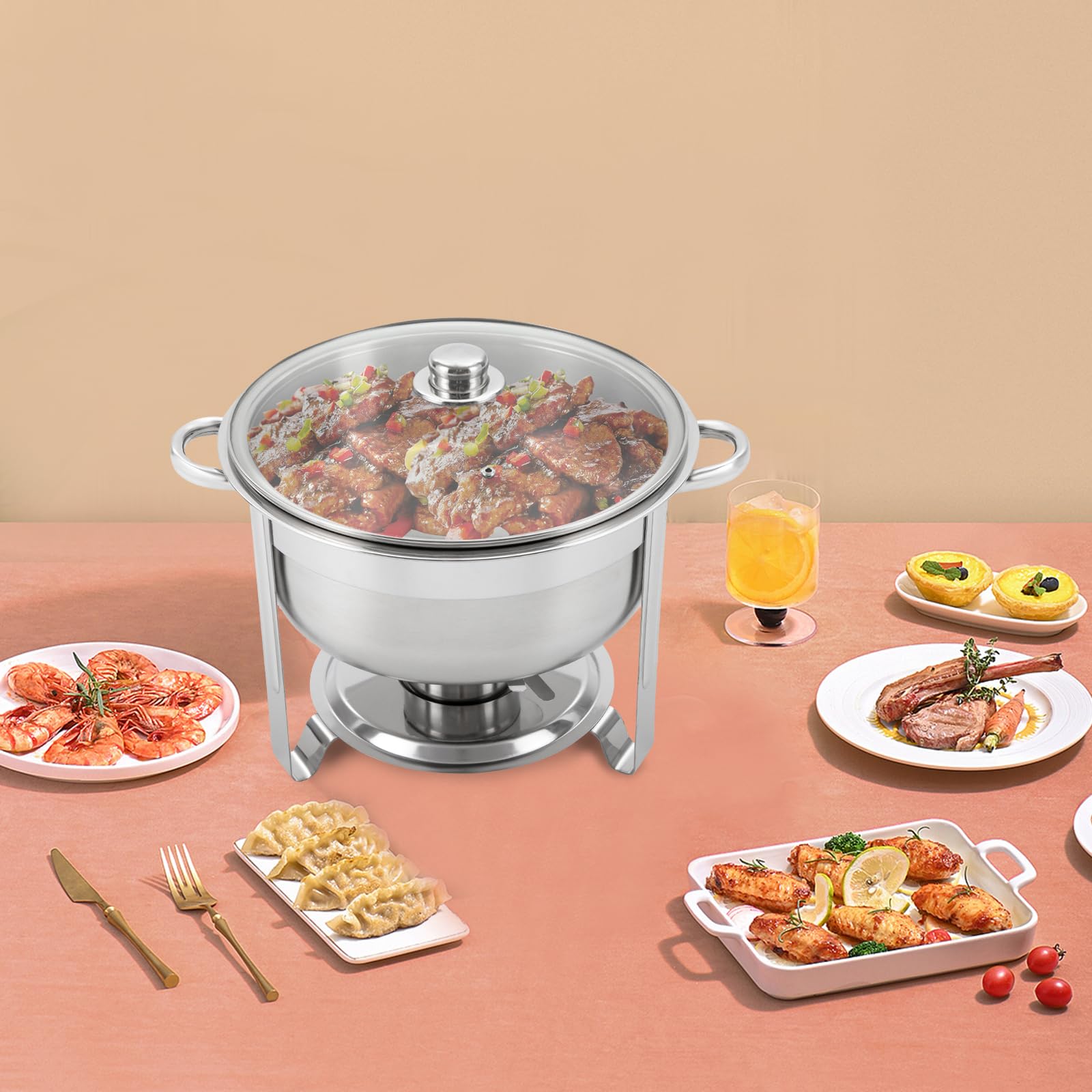 Set da buffet rotondo Chafing Dish in acciaio inox con padella e coperchio, contenitore termico per alimenti, per feste, cene, hotel e altre occasioni