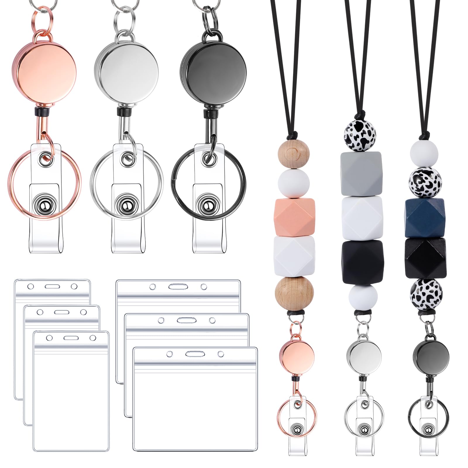 9 in 3 Set Retractable Lanyard for ID Badges with ID Holder Wooden Beaded Lanyards for Women Teacher Appreciation Gifts Office Gift for Coworkers