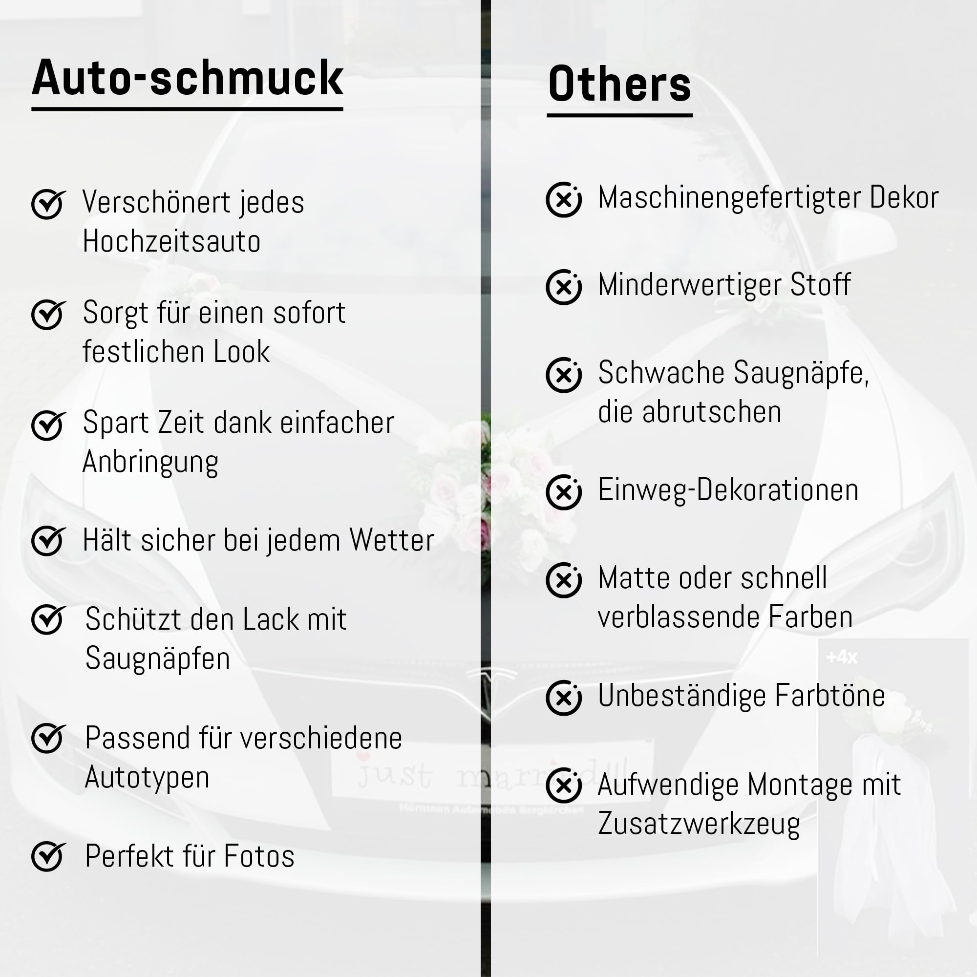 Autoschmuck – Décorations de voiture de mariage – Réalisées à partir de roses et de dentelle