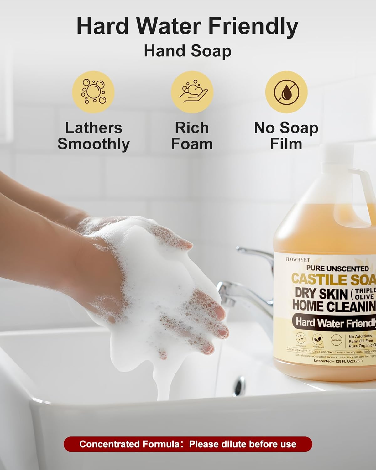 Pure Castile Soap Liquid Unscented 1 Gallon, Organic Hand Soap Refill, Fragrance-Free & Vegan, for Dry & Sensitive Skin, Hand, Body Wash & Home Cleaning, Hard Water Friendly – 128 fl oz