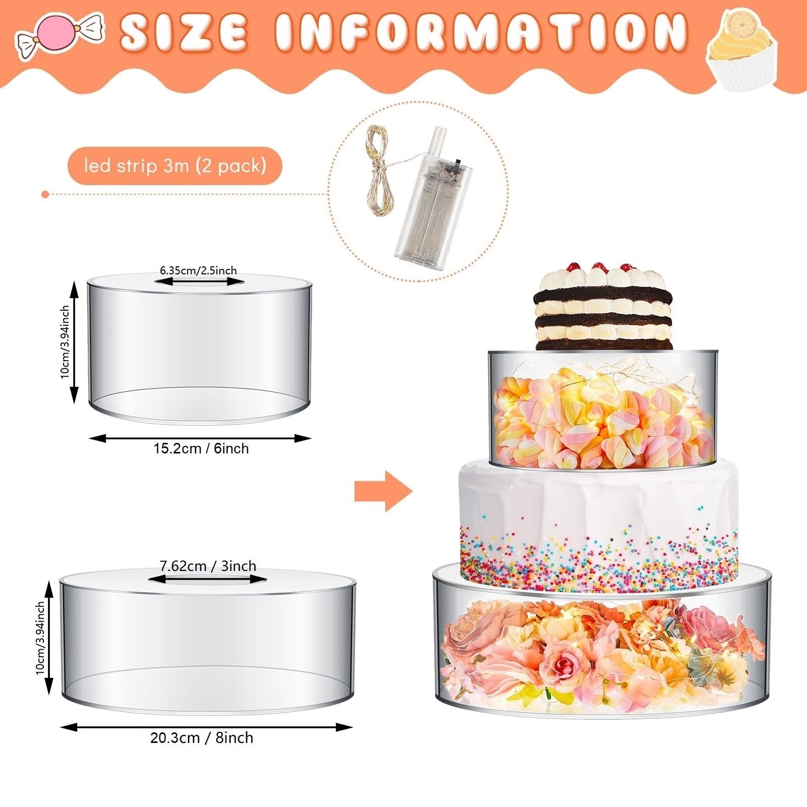 Alzata per Torta, 2 Pezzi Espositori per Torta in Acrilico per Tavolo da Dessert, Cilindro Trasparente Riempibile, Alzata Rotonda Cupcake con Luci LED decorative: Compleanni, Matrimoni e Feste