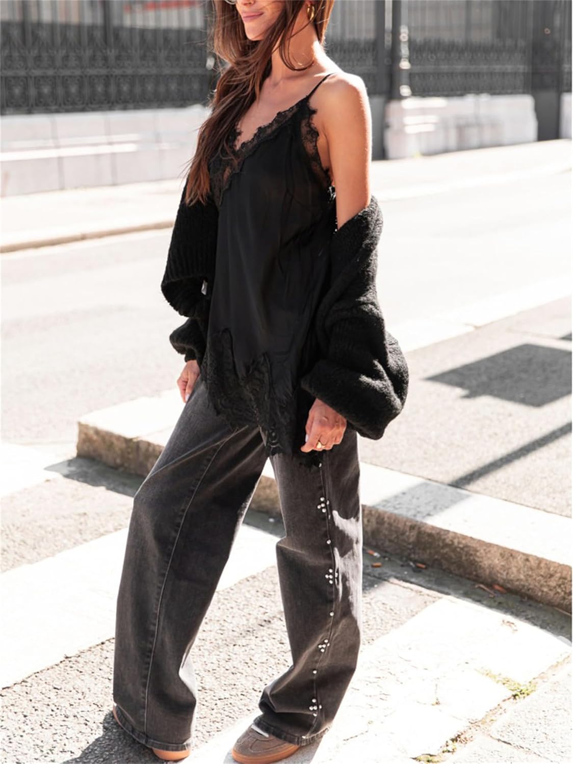 Women Satin Lace Long Camisole Y2k Spaghetti Strap Silky Patchwork Cami Top Sexy Layering Slip Dress Fairy Streetwear - Image 5