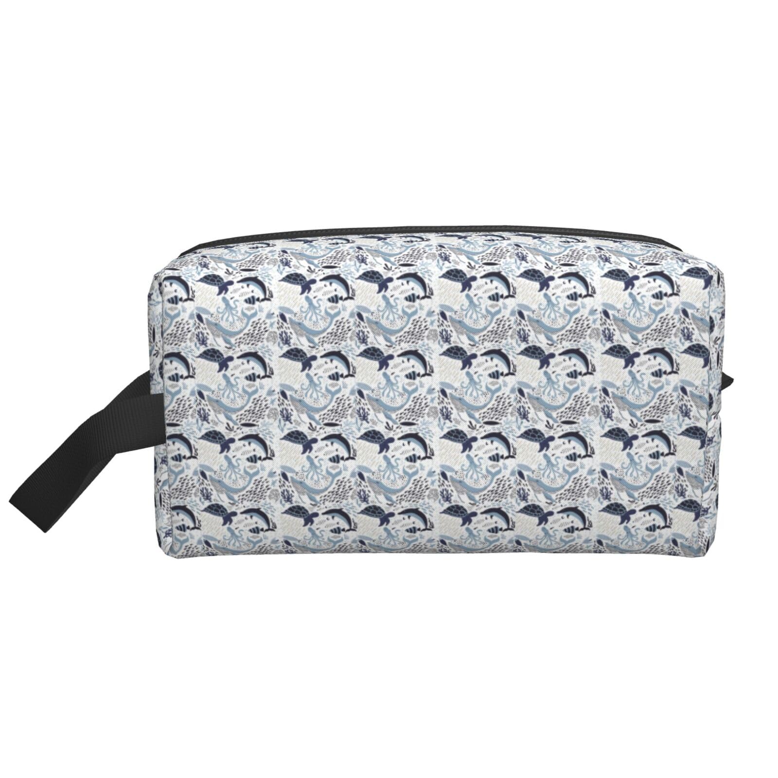 Ercgad Unisex White Turtle Octopus Pattern Ocean Theme Print Large Capacity Travel Toiletry Bag Cosmetic Pouch Daily Storage Makeup Case