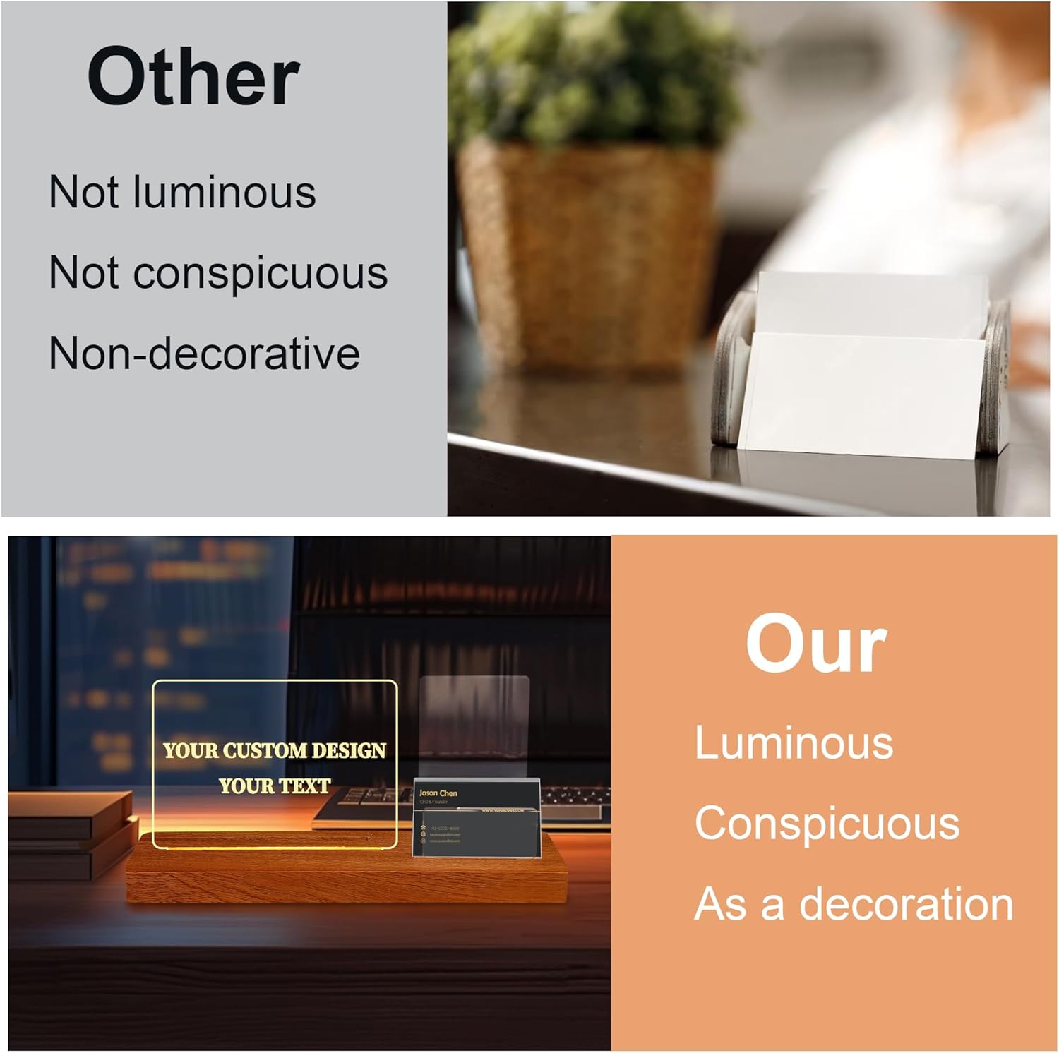 YuanDian Personalized Light up Business Card Holder, Acrylic Card Organizer Business Card Stand with Wooden Base, USB Powered, Office Desktop Accessory Desk Decor for Businessmen