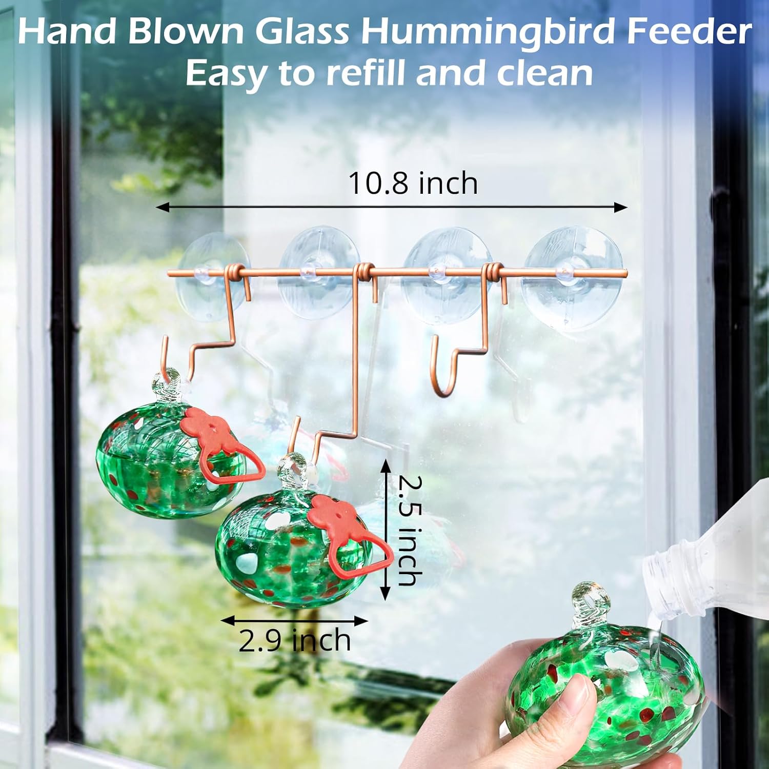 Window Hummingbird Feeder with Suction Cups,Hand-Blown Glass Hummingbird Feeders for Outdoors Window Mounted with Metal Hook,Close Bird Watching,Finch in Garden,Yard(Green) - Image 3