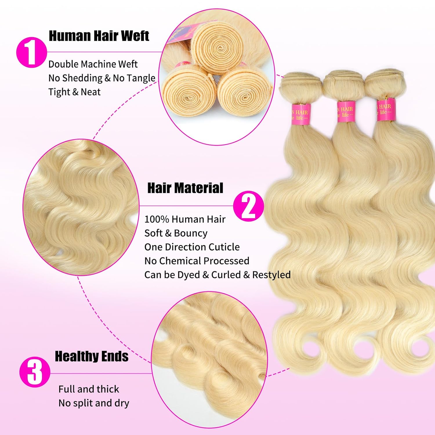 613 Body Wave Blonde Bundles Human Hair 24 26 28Inch 3 Bundles Human Blonde Hair Extensions，100% Real 14A Brazilian Virgin Raw Easy to Dye No Synthetic Blend No Tangle No Shedding 3X-Lifespan