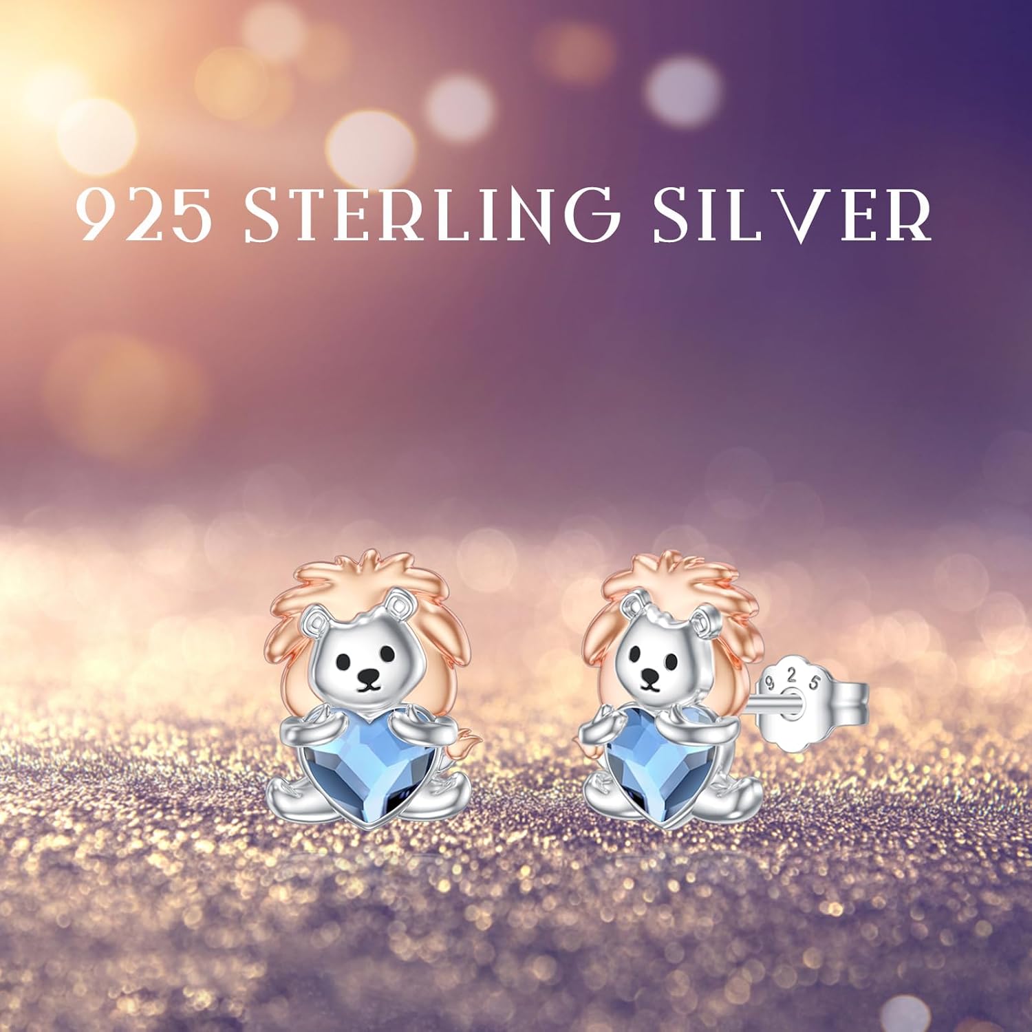 Lion Earrings Sterling Silver Cute Animal Lion Earrings Blue Heart Crystal Lion Earrings Studs Jewelry Gifts for Women