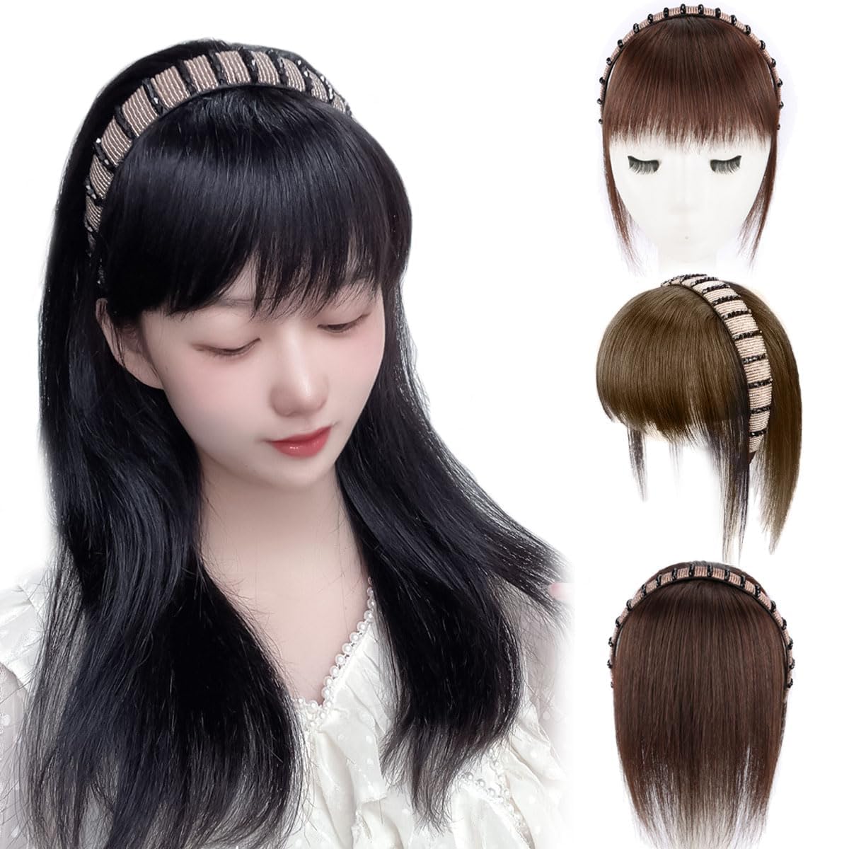 Synthetic Hair Fringe With Hair Band, Synthetic Wigs Headband for Women, Hair Clip In Bangs, Rhinestone Wide Headband Bangs Wig, Hair Clips with Bang Wigs (light brown)