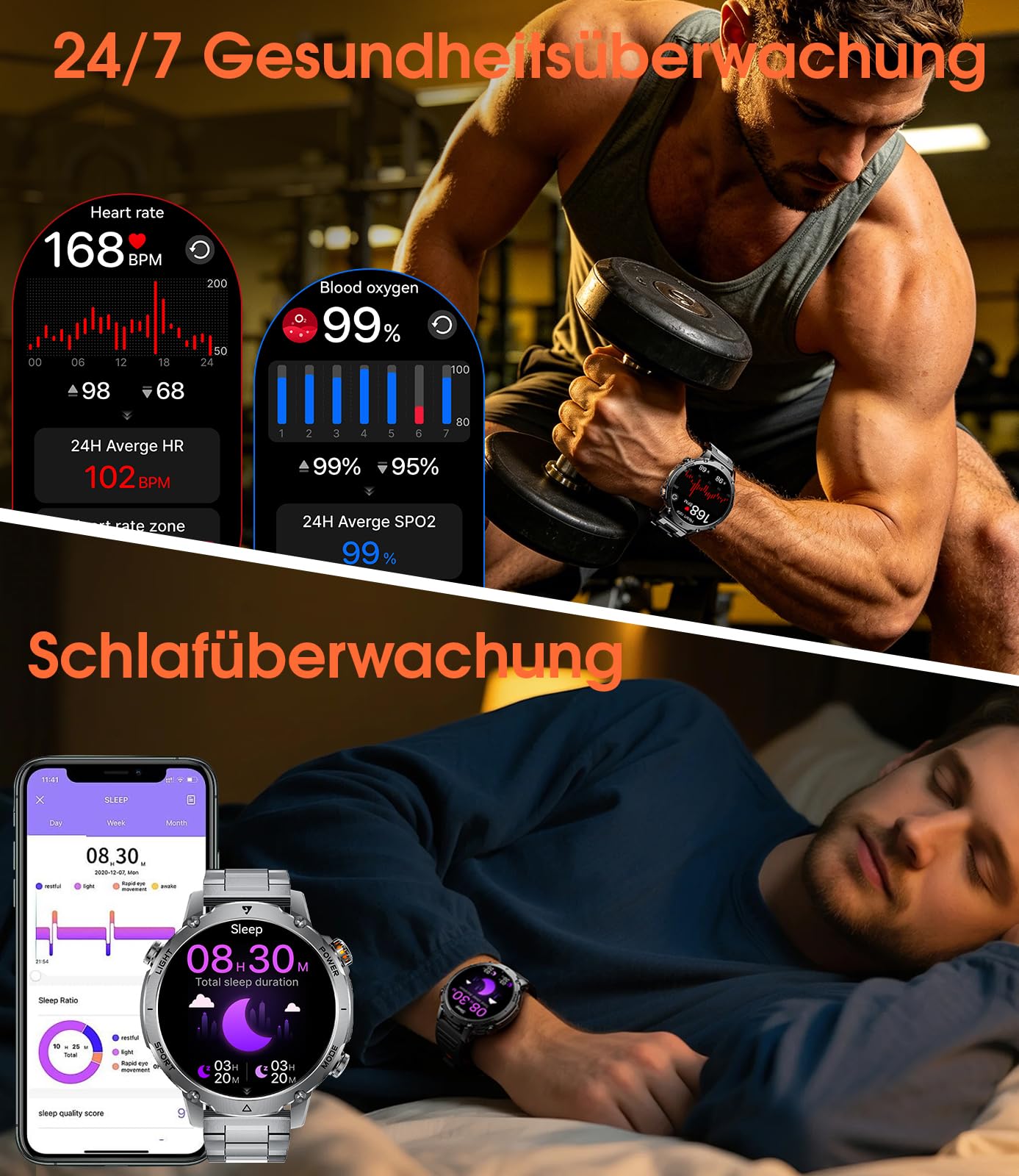 LIGE Militär Smartwatch Herren, 1400mAh Akku, 1,7 Zoll HD Große Smart Watch mit LED Taschenlampe, Bluetooth Anruf, 110+ Sportmodi, IP68 Wasserdicht, Fitnessuhr für Android iOS, 2 Armbändern, Schwarz