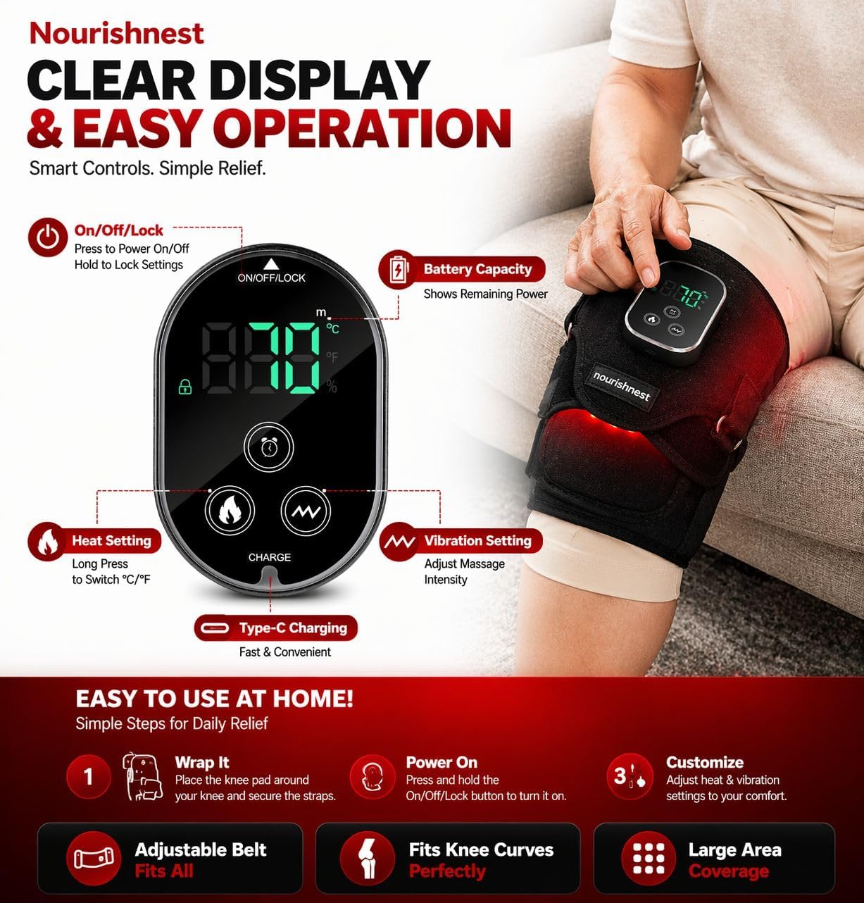 Cordless Knee Massager with Heat & Red Light Heated Knee Brace Pair with 5 Heat Levels, 3 Vibration Modes, 16800mm² Heating Area, Rechargeable Knee Support Wrap for Men & Women- Black