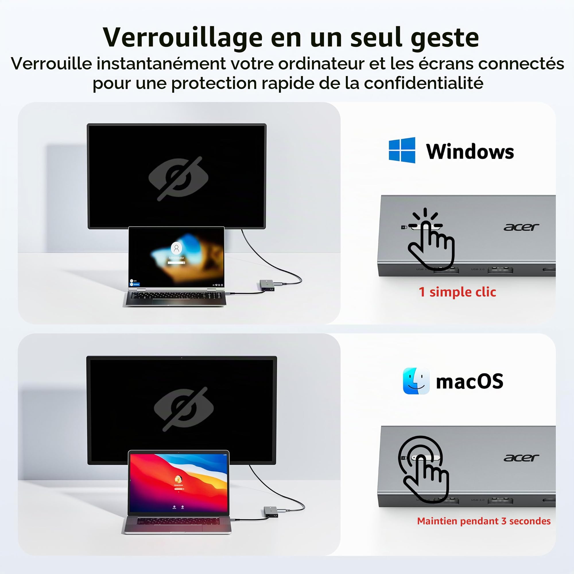 Acer Station d'accueil Dual HDMI 9 en 1, Hub USB C vers HDMI 4K@60Hz | USB A&C 5Gbps, PD 100W, Lecteur de Cartes SD/TF, USB C Docking Station pour 2 écrans, Idéale pour l'Usage à la Maison, Bureau