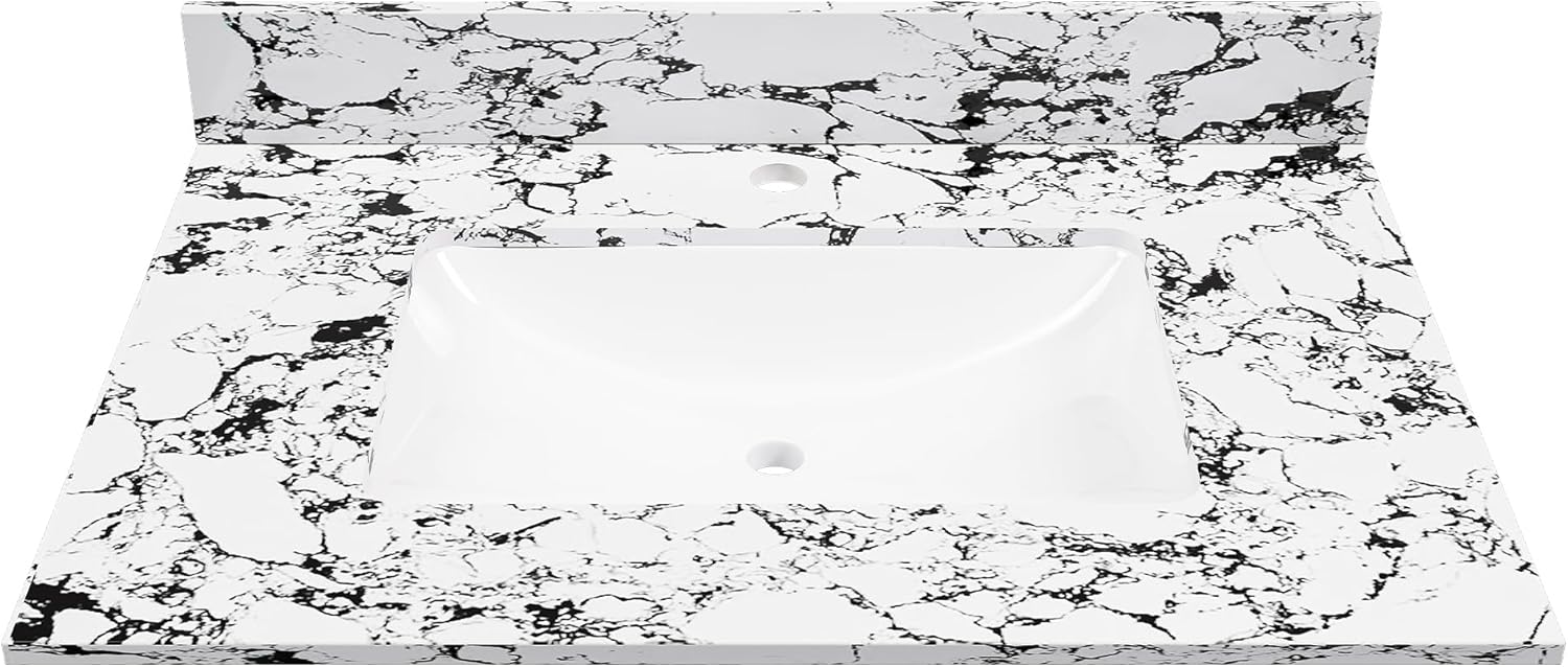 Runboll 31" x 22" Bathroom Vanity Top Artificial Marble Vanity Sink Top Single Holes with Rectangle Under-Mount Middle Ceramic Sink and 1 Backsplash