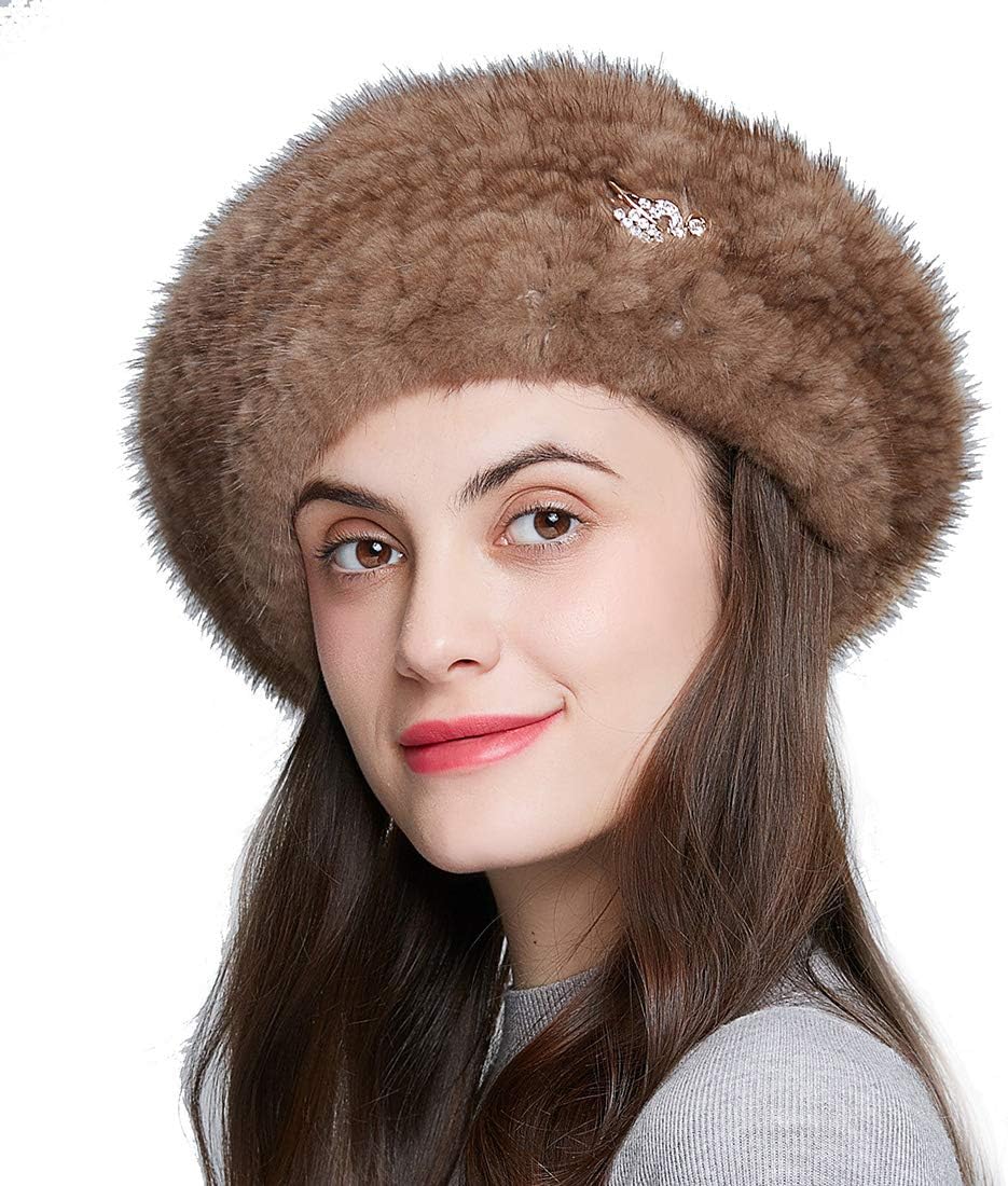 Women's Knit Real Mink Fur Beret Hat,2019 New Winter Russian Beanie Rhinestone