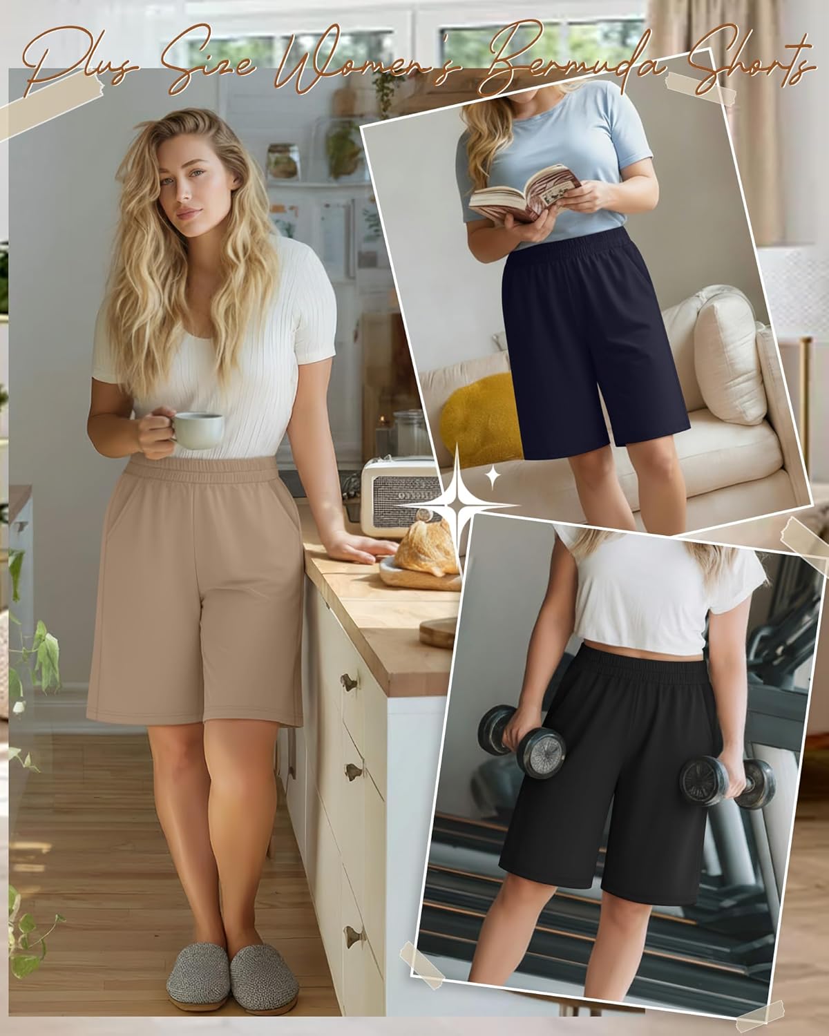 3 Pack Women Plus Size Bermuda Shorts Elastic High Waisted Casual Pants with Pockets Loose Summer Lightweight Shorts