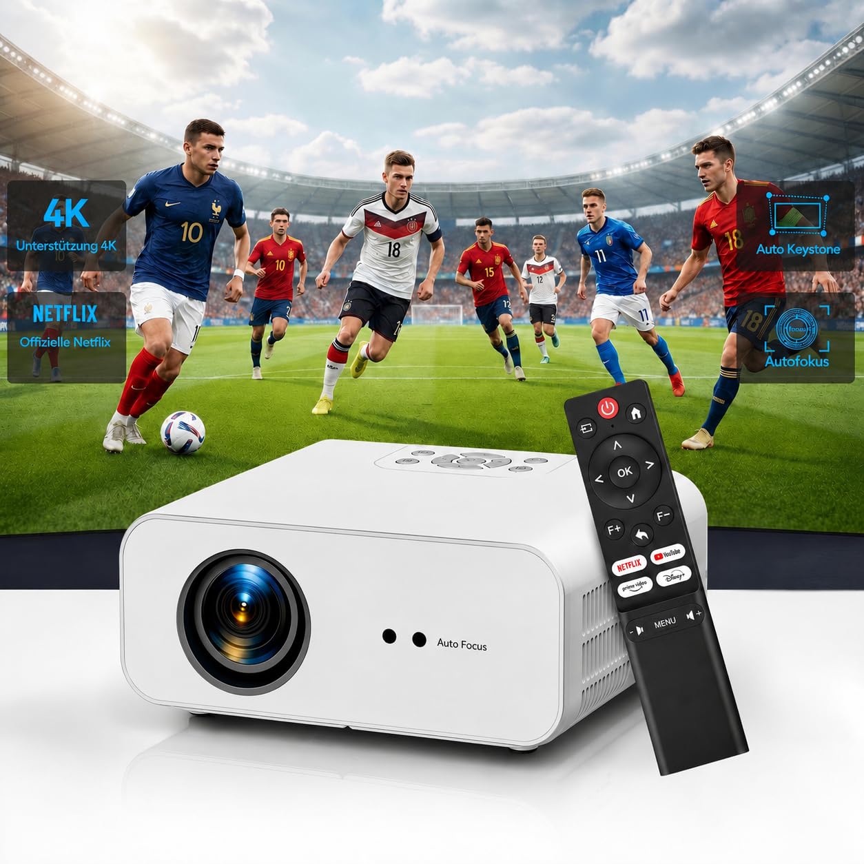 Smart Beamer 4K【Offiziell lizenzierte App】 Autofokus & Auto Keystone Mini Projektor,WiFi6 Bluetooth5.2 Video Projektor, 28000 Lumen Full HD 1080P Beamer 4K Heimkino
