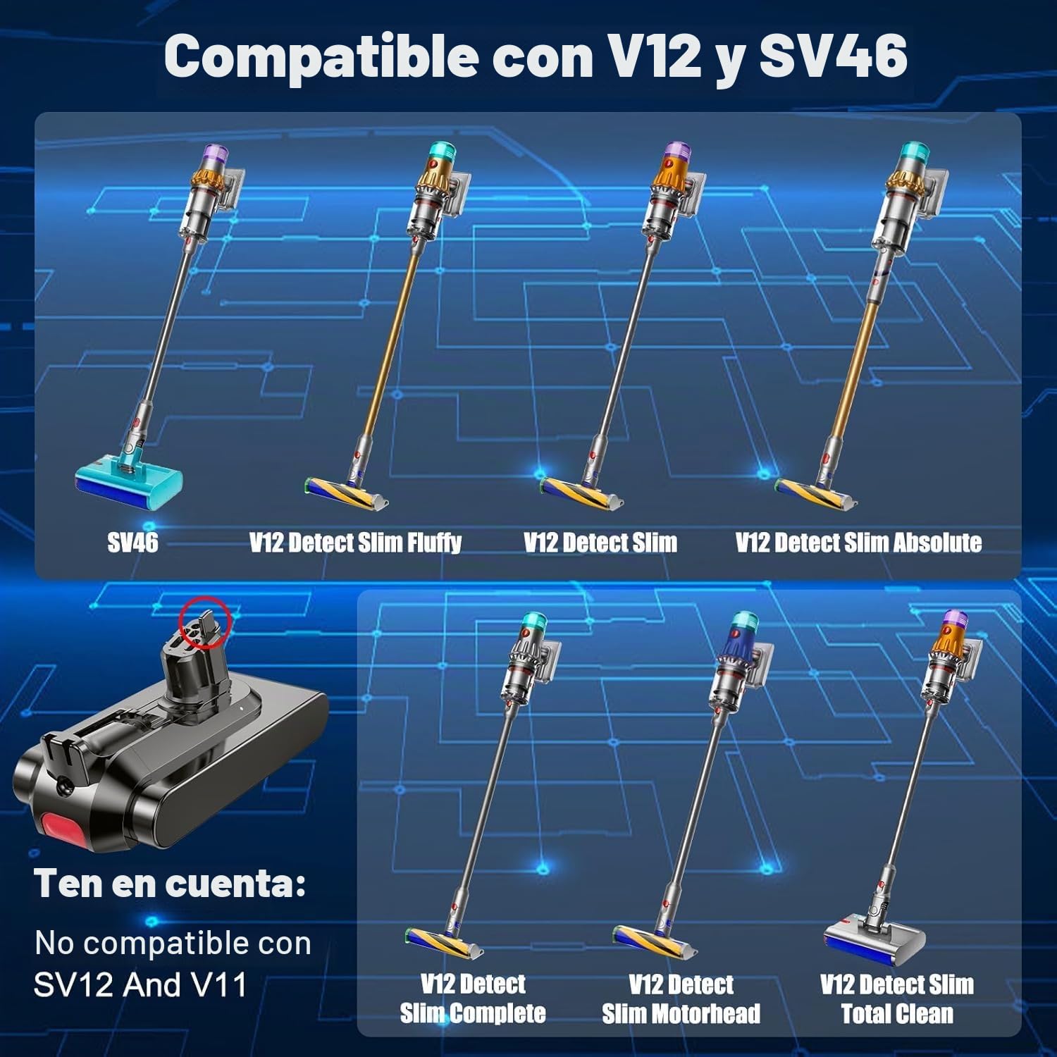 3000mAh Batería para Dyson V12, batería de Repuesto Compatible con la Serie Dyson V12 Detect SV20 SV26 SV30 SV34 SV35 SV46
