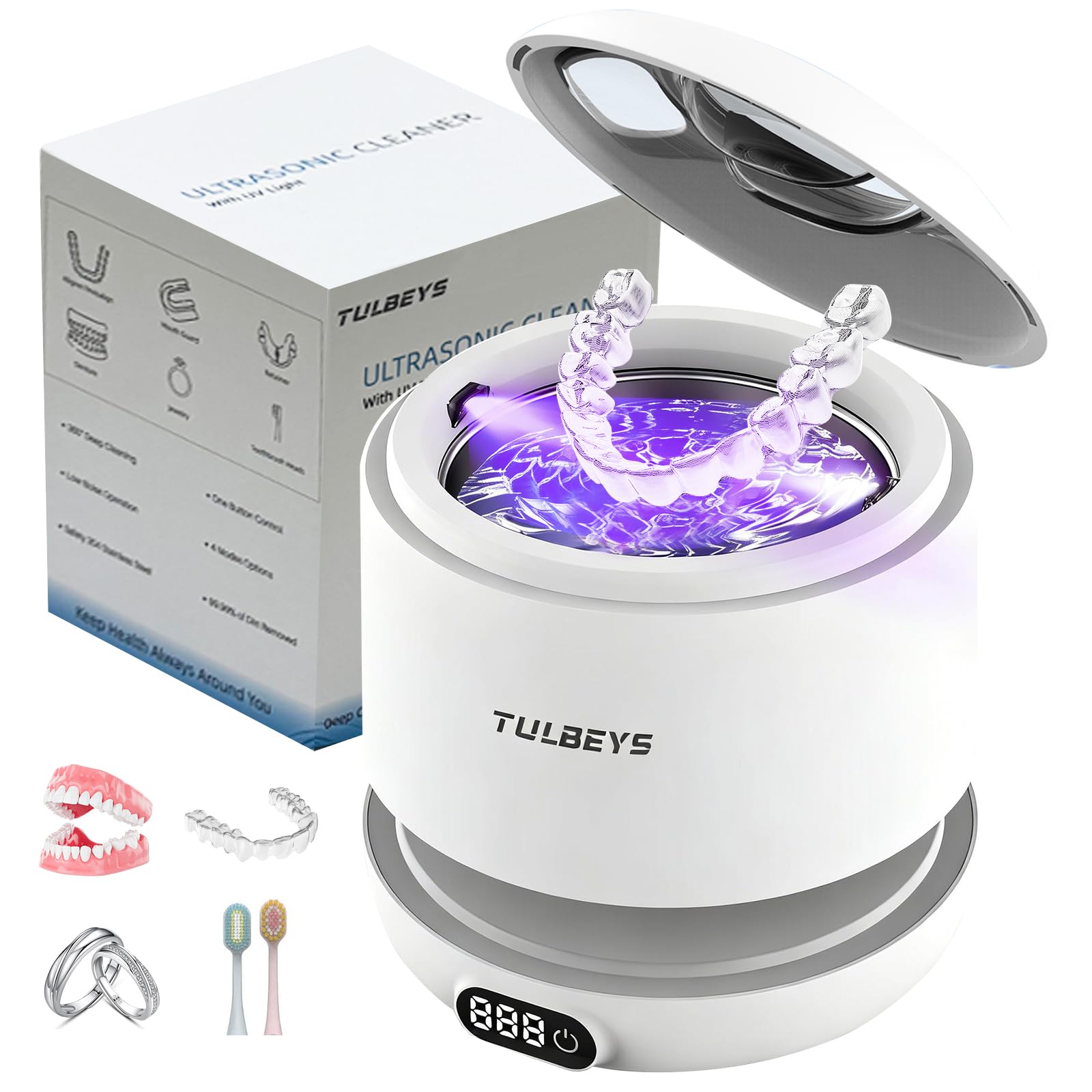 Limpiador ultrasónico 45000Hz UV 220ML - Para dentaduras postizas, canaletas, dispositivos de contención, joyas - Temporizador digital