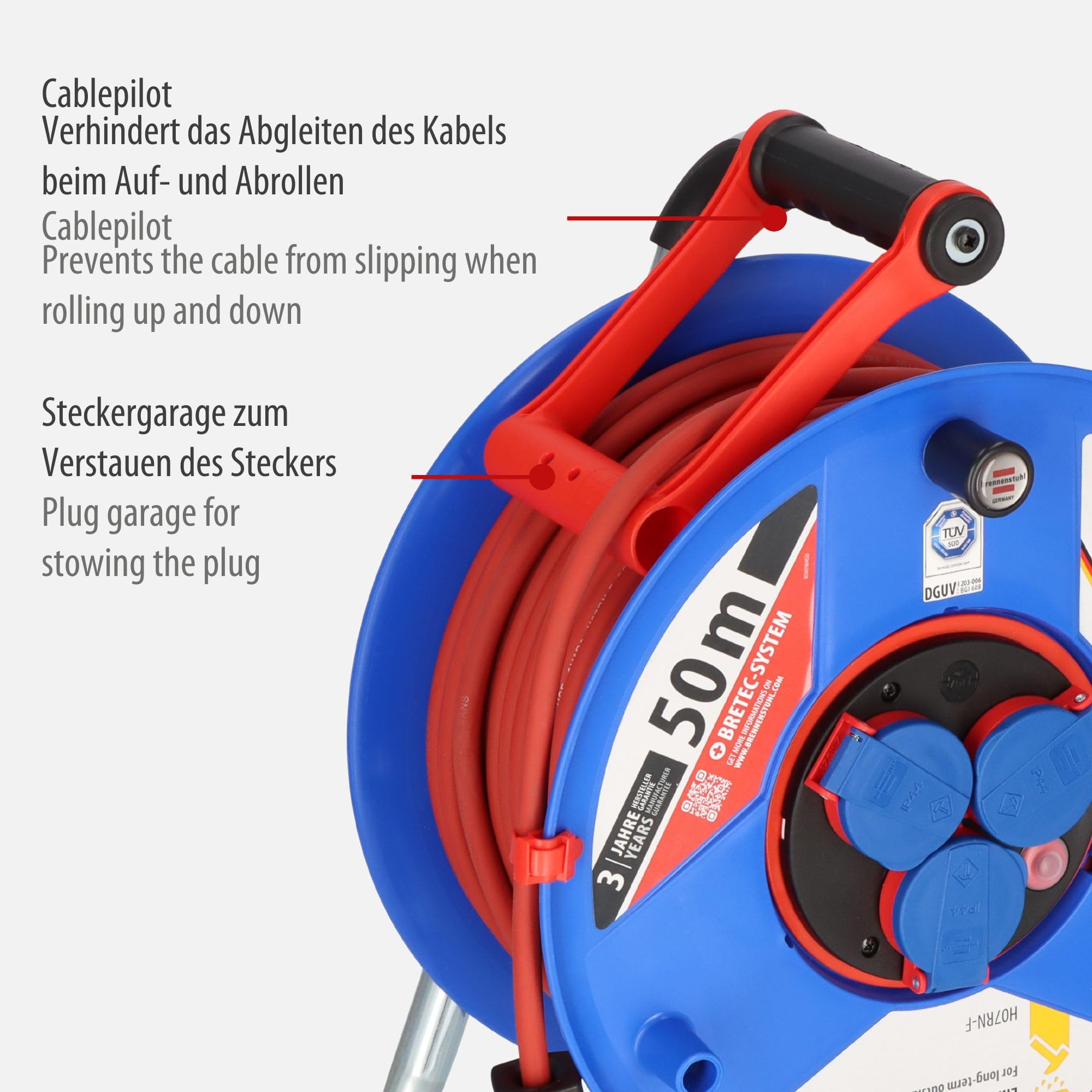 Brennenstuhl Garant Bretec IP44 Gewerbe-/Baustellen-Kabeltrommel, (50m Kabel in rot, Spezialkunststoff, Baustelleneinsatz und ständiger Einsatz im Außenbereich, Made in Germany) 1238930