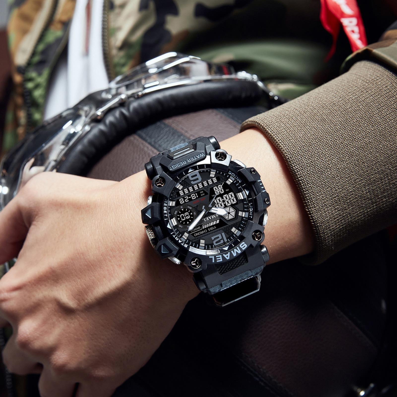 Montre Homme Numérique Analogique Sport Grand Visage Montres Homme Militaire Chronomètre 50M Etanche Multifonctionnel Montre