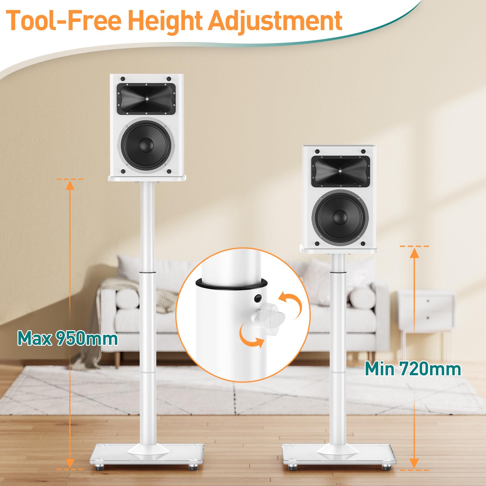 ELIVED Soporte universal para altavoces (altura regulable hasta 95 cm, con base de cristal y canal de cable interno para altavoces de estantería, 10 kg, 1 par), color blanco