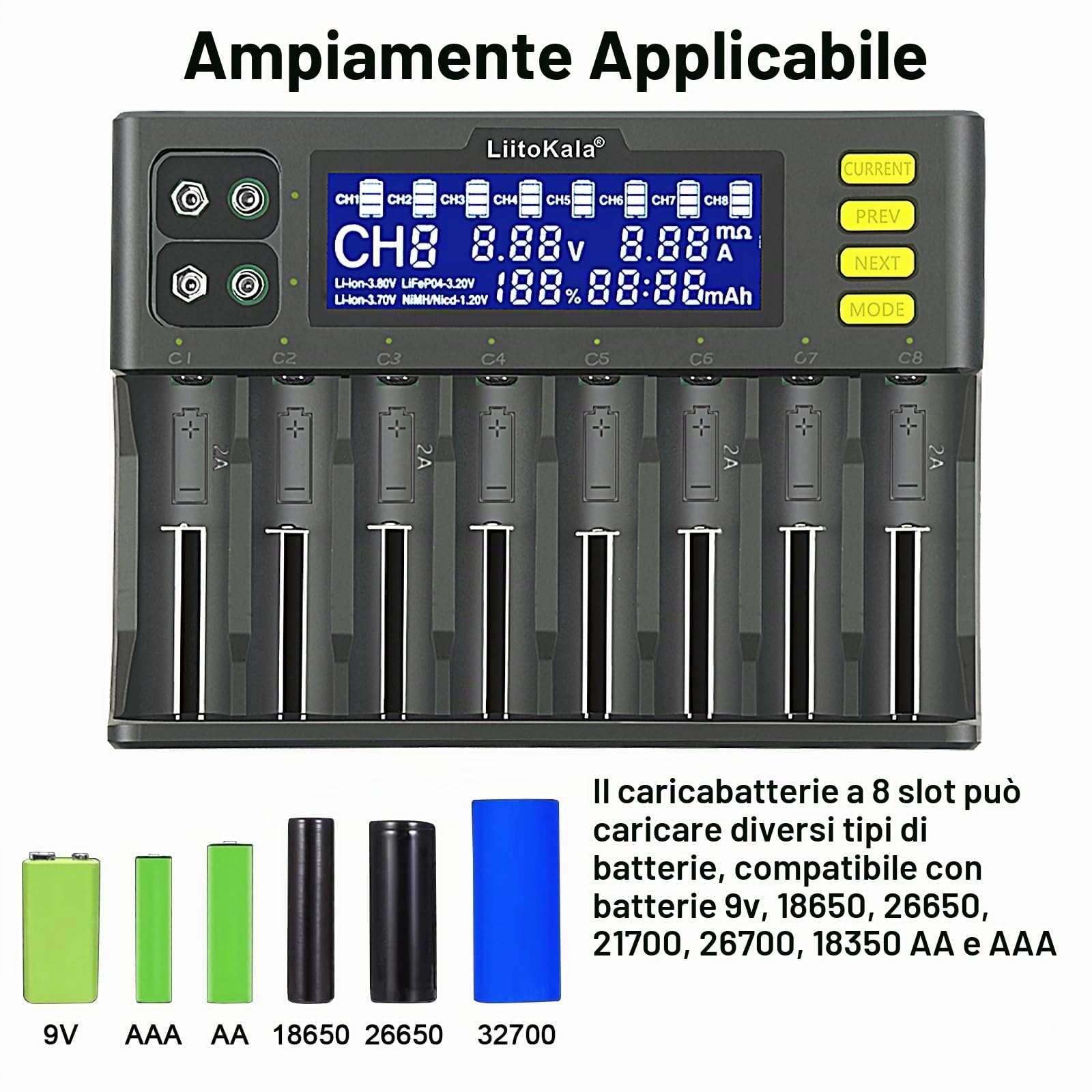 LiitoKala Lii-S8 Caricabatterie rapido con display LCD e controllo touch, 18650 Caricabatterie 9V a 8 slot per Li-ion LiFePO4 Ni-MH Ni-Cd AA AAA C 21700 26650 13650 16340 18700 RCR123