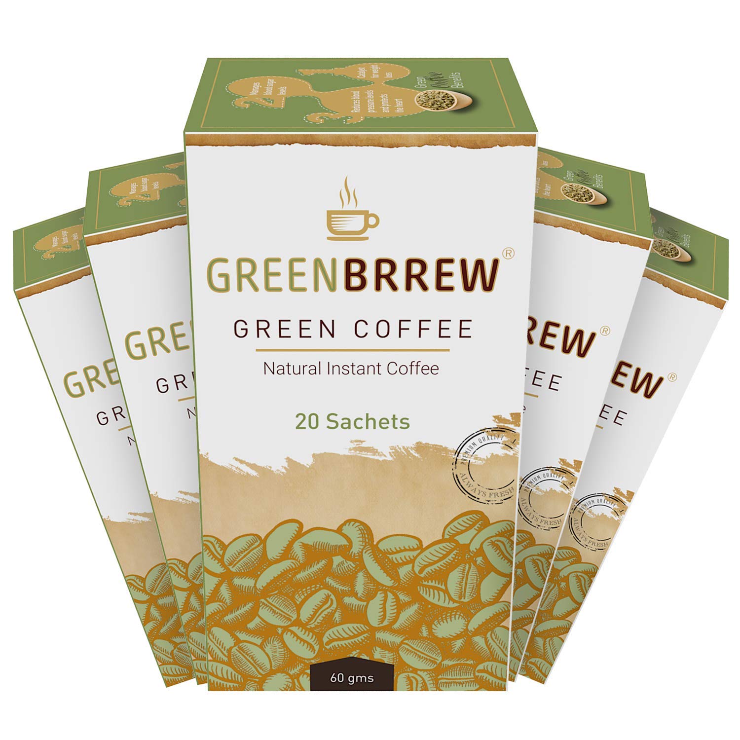 Greenbrrew Healthy 100% Natural Instant Green Coffee Powder - Each Pack 60g (20 Sachets PP) - Pack of 5