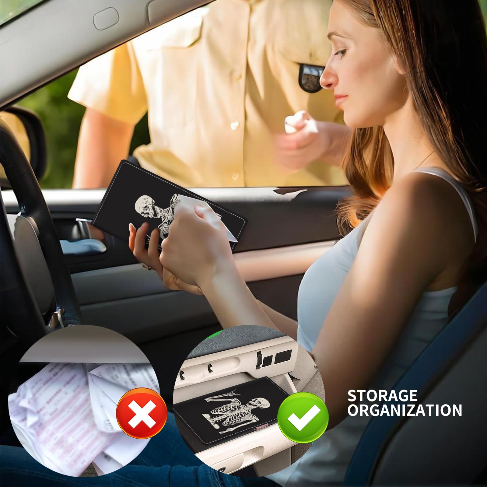 ADUQLZUX Leather Car Registration and Insurance Card Holder, Cute Car Accessories Vehicle Glove Box Car Organizer for Documents, Cards, License Funny Skull Pattern