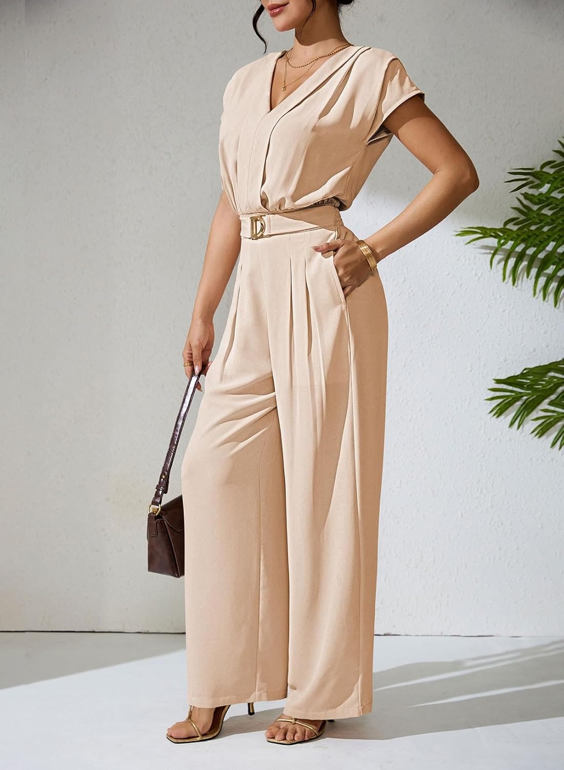 Pink Queen Jumpsuits for Women Dressy V Neck Short Sleeve Wide Leg Rompers Business Casual One Piece Outfits - Image 8