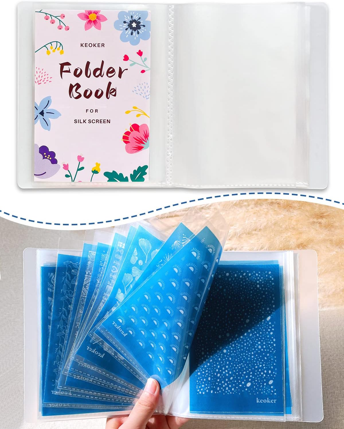 KEOKER Folder Book with Plastic Sleeves, 40 Pockets Presentation Book with Sheet Protectors for KEOKER Silk Screen Stencil for Polymer Clay.