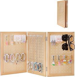 Wooden Foldable and Portable 3-Panel Pegboard Jewelry Display Organizer with 24 Removable White Metal Hooks for Bracelets, Earrings and Keychains, Versatile Countertop Rack for Store