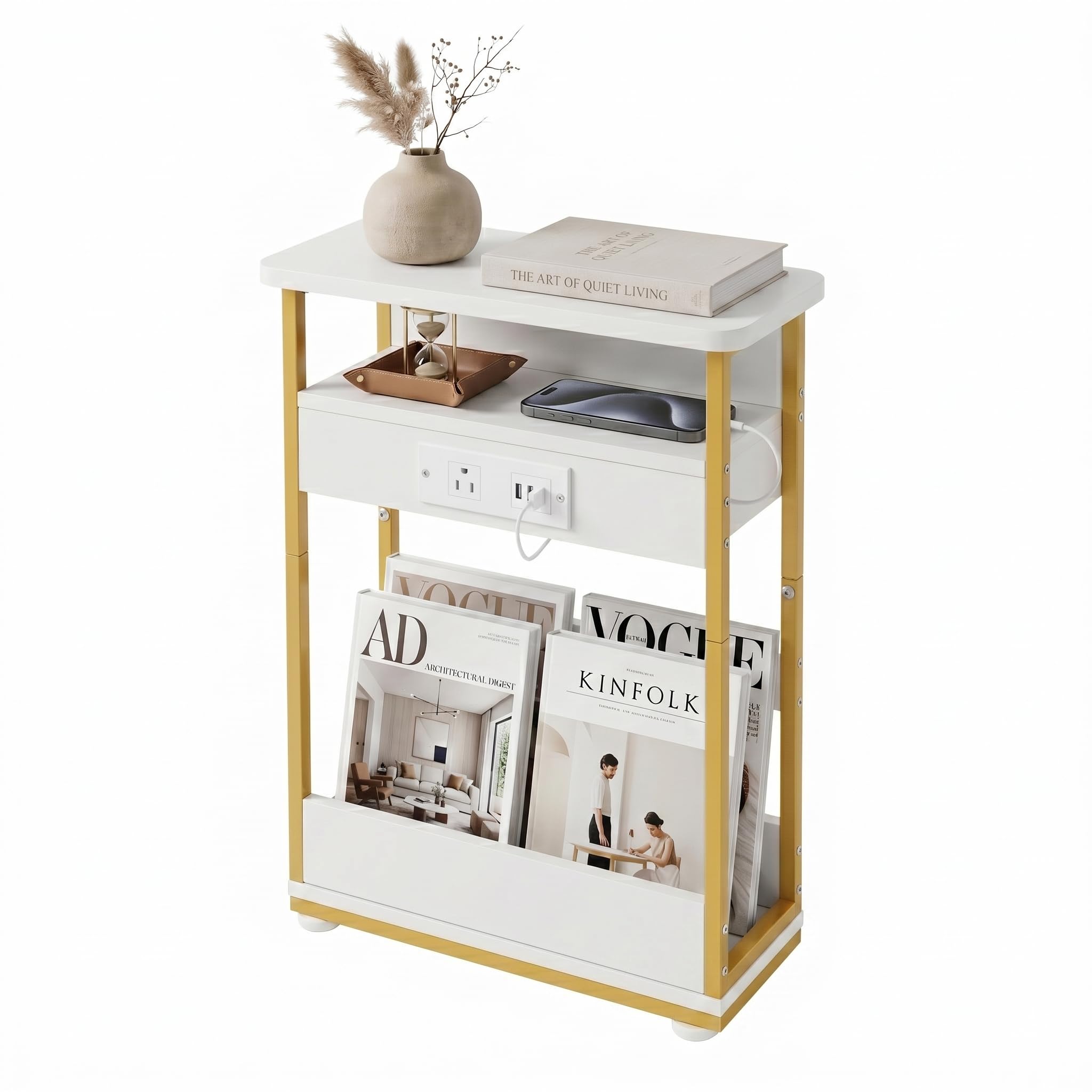 YEAKOO Narrow Side Table With Charging Station, 3 Tier End Table with 2 USB Ports & Power Outlets,Slim Sofa Side Table for Narrow and Small Spaces, Bedside Table Nightstand for Living Room/White+Gold