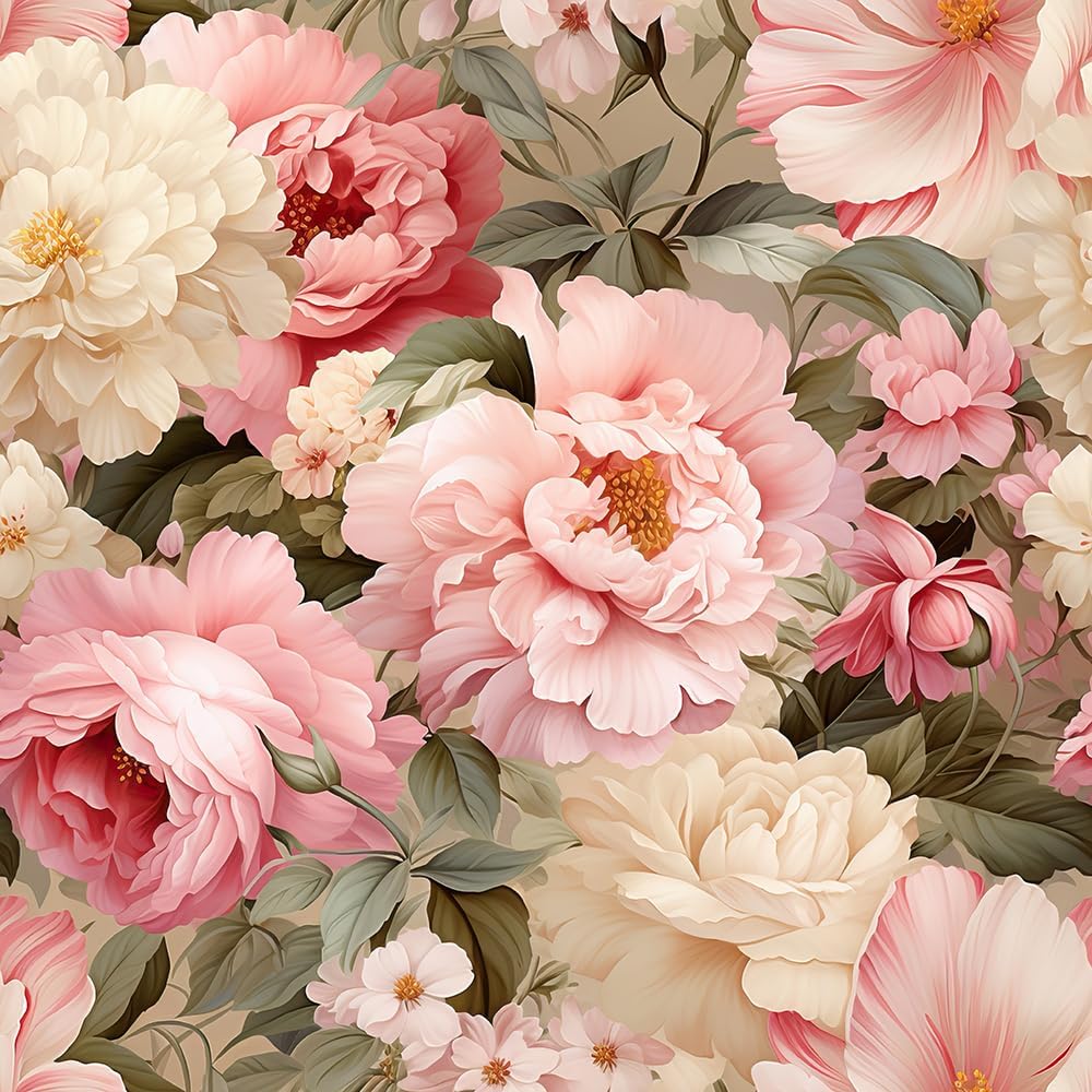 REDAMANCY Vintage Boho Pink Beige Peony Flower Peel and Stick Wallpaper Vintage Wall Paper Stick on Contact Paper Easy Peel Off for Bedroom nightstand Drawer Renter Friendly 17.7"x236"