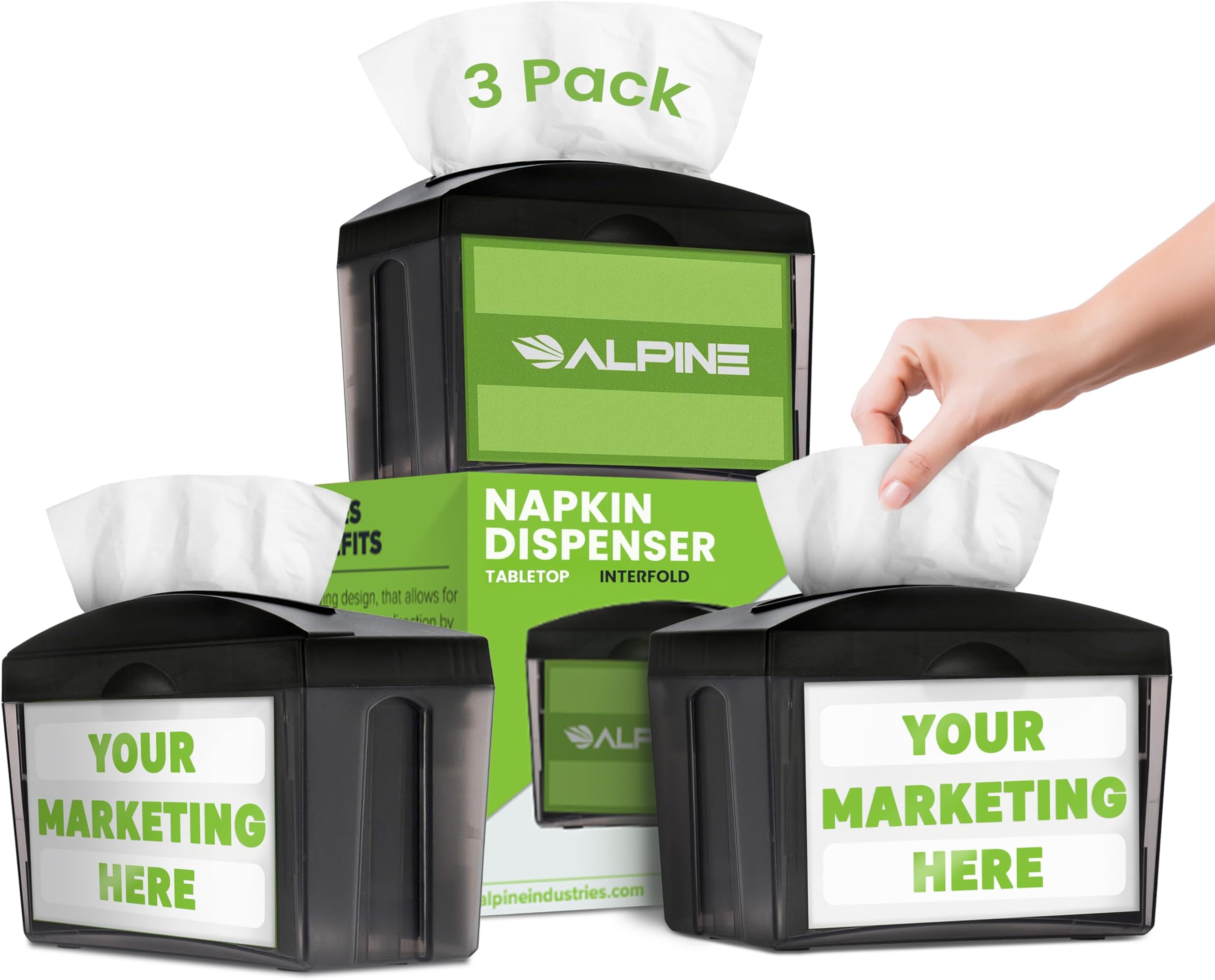 3 Pack Tabletop Commercial Napkin Dispenser Restaurant Napkin Holder for Interfold Napkins with 2 Side Marketing Space Insert for Restaurants, Cafeterias, Food Trucks, Clubs - Black