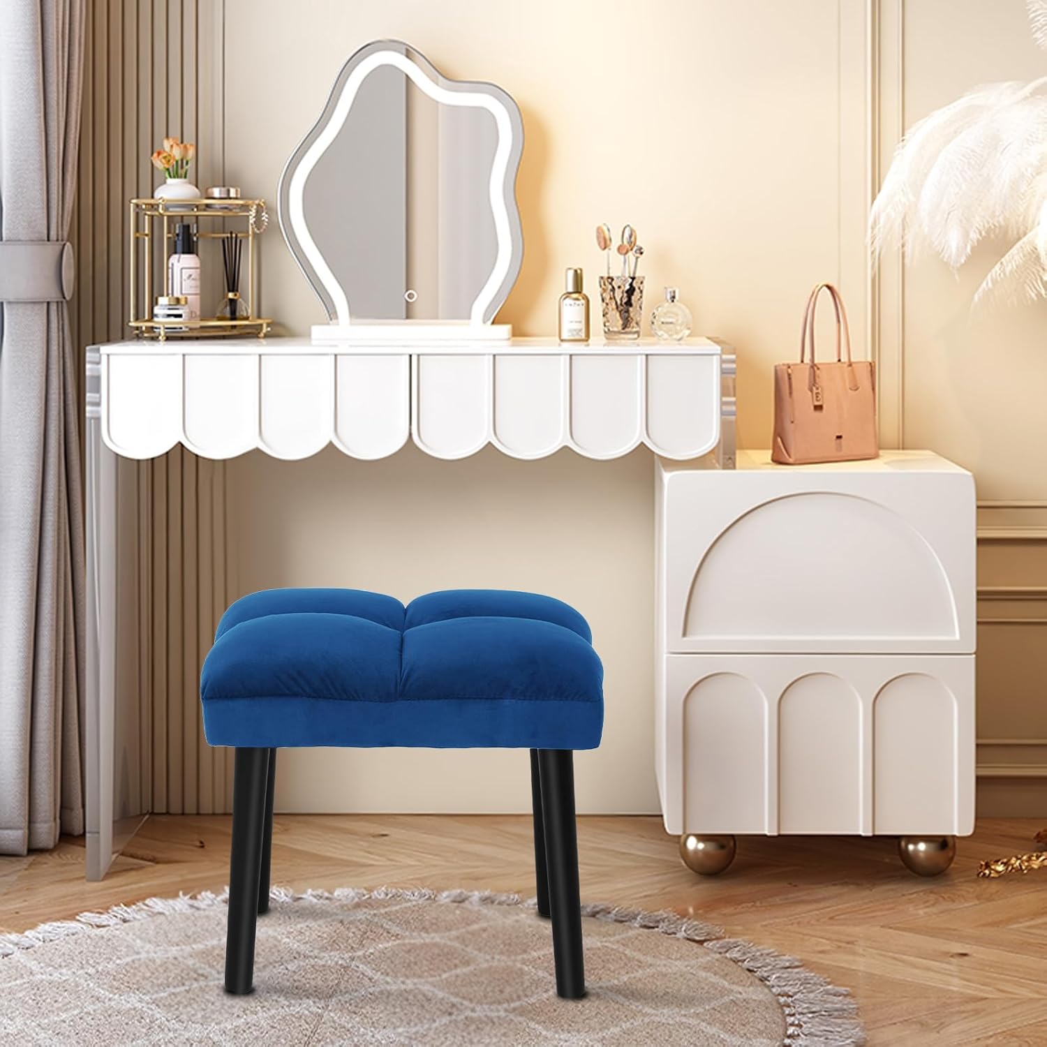 HOUCHICS Soft Vanity Stool Blue Ottoman Stool, Square Makeup Vanity Chair with Wooden Legs, Small Ottoman Chair for Vanity, Modern Padded Sofa Seat Foot Rest Stools(Blue)