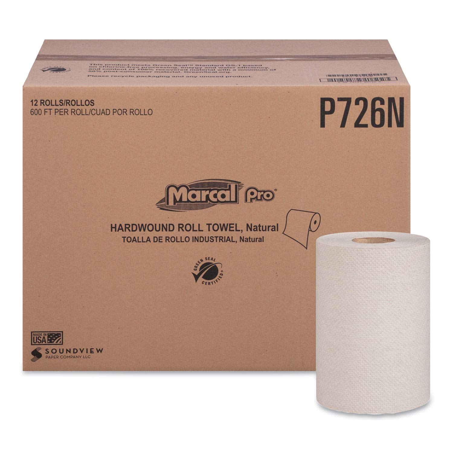 Marcal Pro P726n Hardwound Roll Paper Towels, 1-Ply, 7 7/8-Inch X 600Ft, 12 Rolls/Pack,12 Pack/Carton