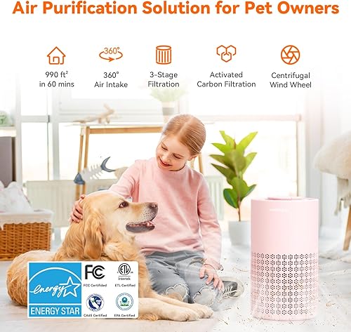Miniatura 2 de AIRROMI Purificador de aire para dormitorio con filtro HEPA 3 en 1, purificador de aire para mascotas para el hogar, olor a orina de gato, cubre