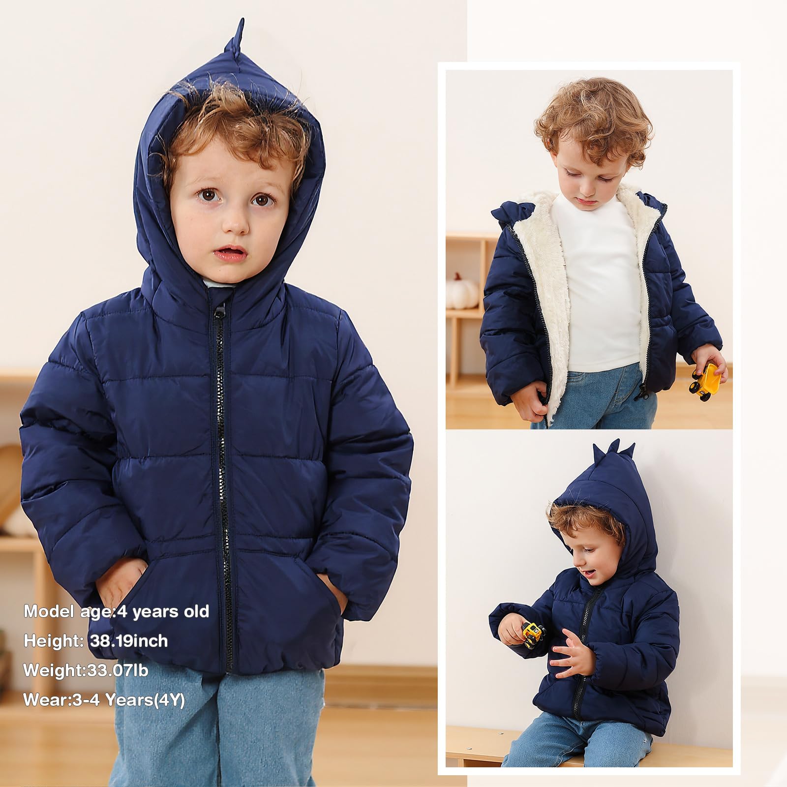 Kids4ever Chaquetas de invierno para bebé niño y niña, abrigos con capucha de dinosaurio, forro polar ártico térmico, cremallera y dos bolsillos, 6 meses a 5 años