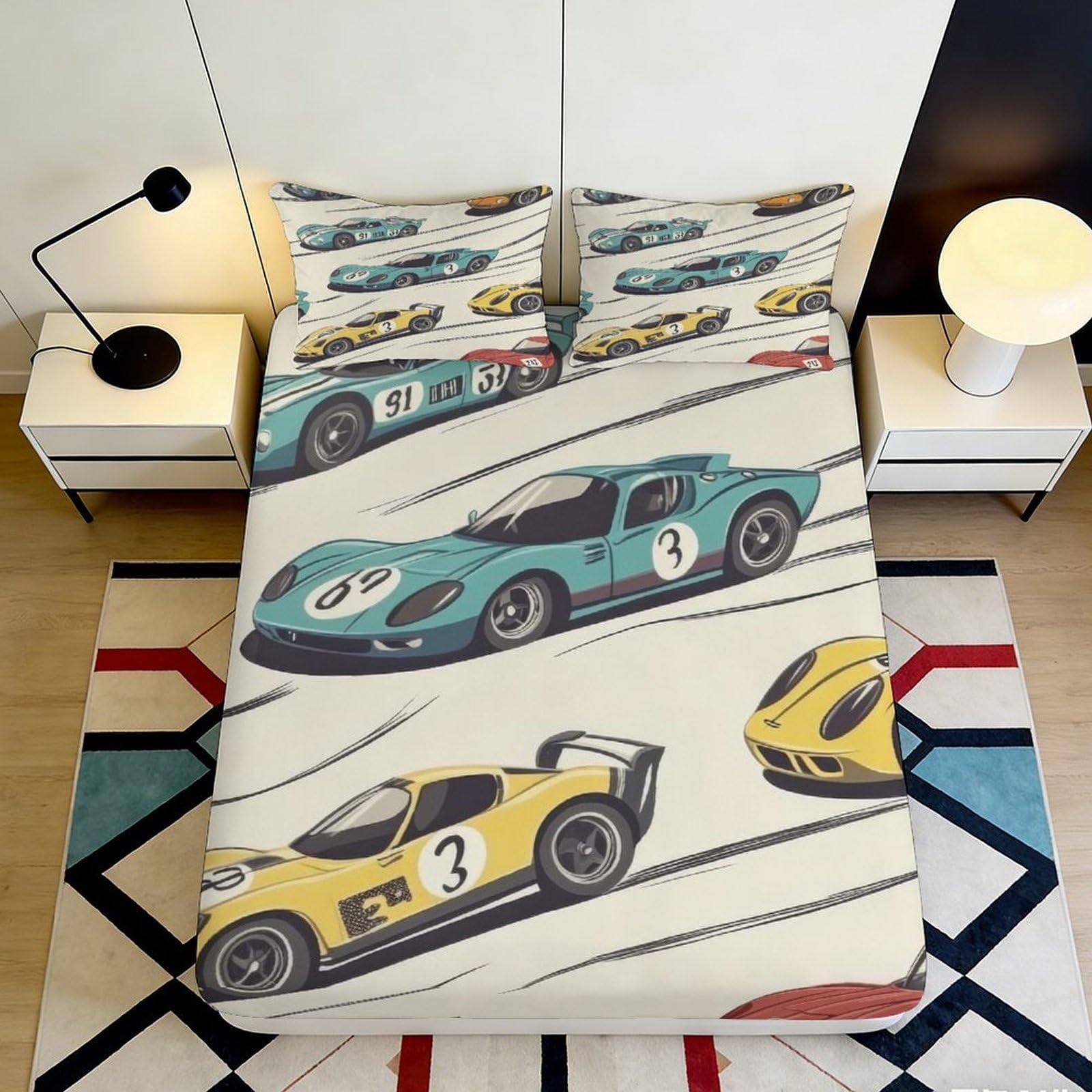 Decorative racing car fitted sheet, 3D Printed, soft touch microfiber, dustproof, easy care, apartment bedding, stylish accent 90x200x25cm