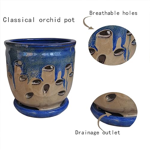 Miniatura 4 de Macetas grandes de cerámica para orquídeas con agujeros, maceta con platillo para plantas de interior, decoración del hogar, maceta redonda (azul +
