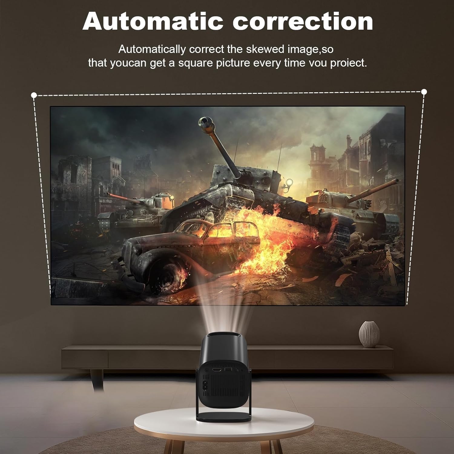 SOTEFE HY320 Pro projector automatically correcting a skewed image on a wall, showing the before and after effect.