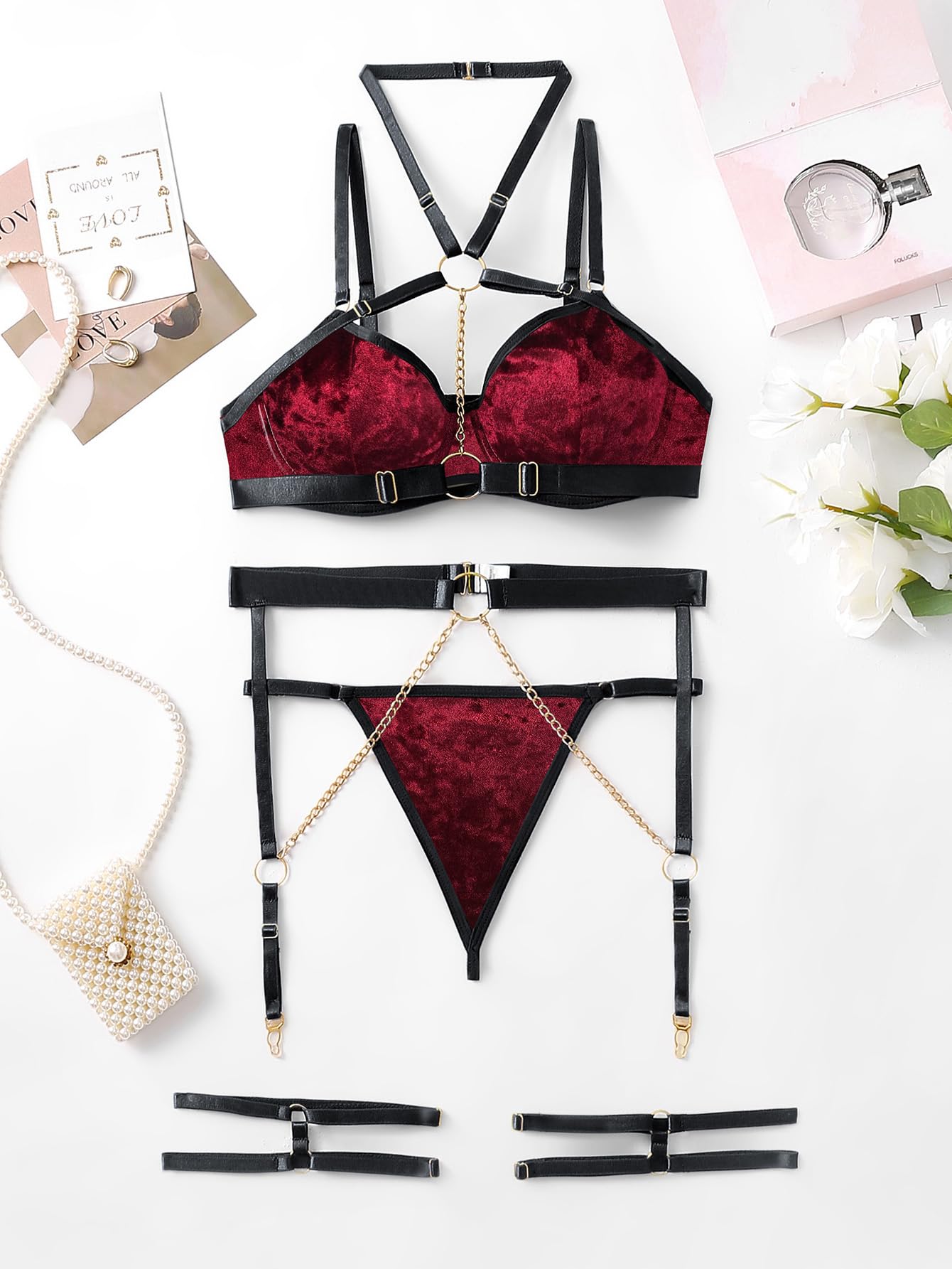 Lilosy Sexy Pu Leather Strappy Underwire Garter Belt Lingerie Set: XX-Large Red Velvet