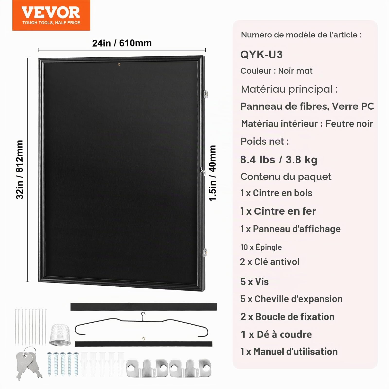 VEVOR Présentoir pour Maillot de Sport, 610x812x40 mm, boîte à Ombre verrouillable de Jersey, Protection UV 98% en Verre PC, cintres, pour Chemise, Uniforme de Baseball, Basket-Ball, Football, Hockey