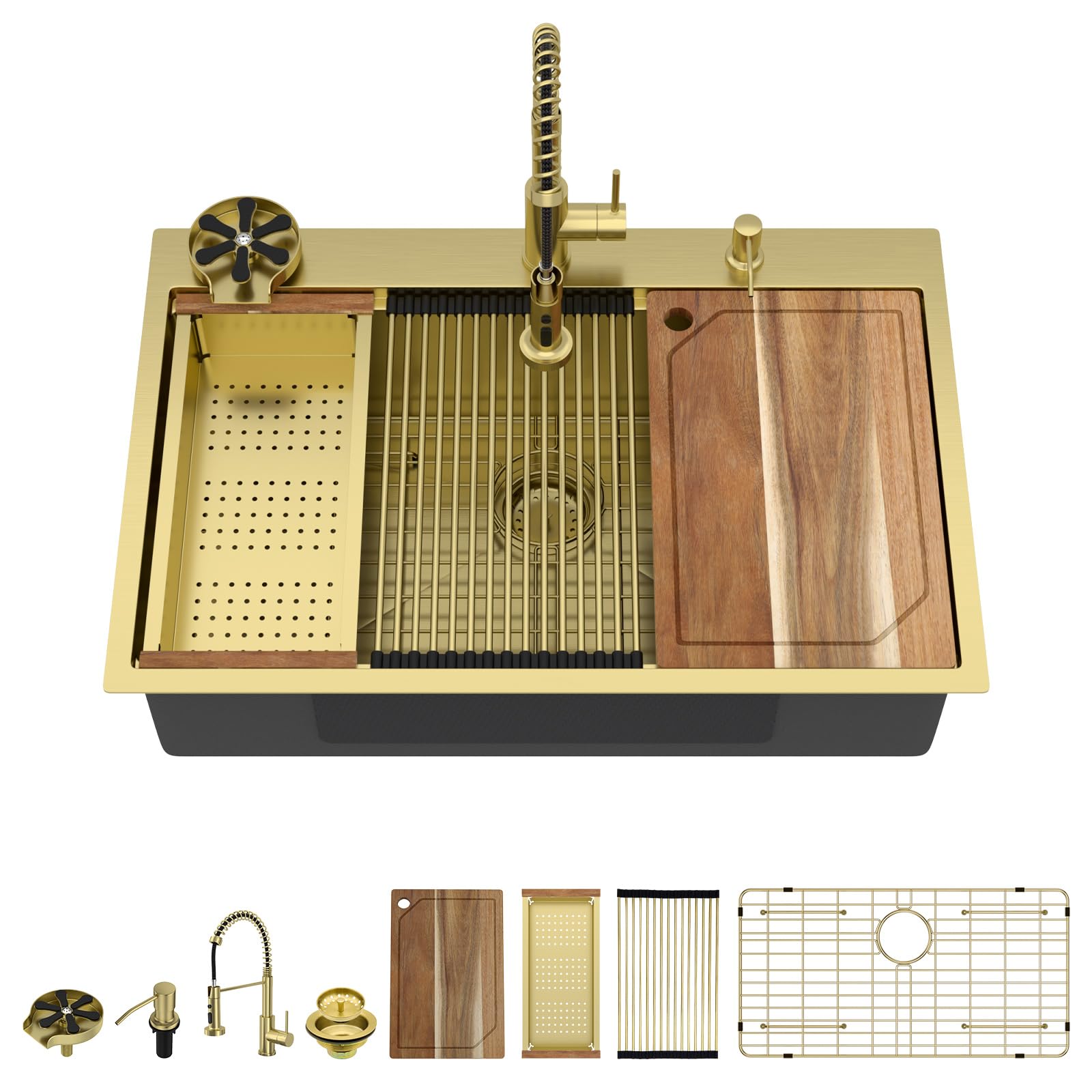 Évier de cuisine encastrable 76cm avec robinet et accessoires dorés tout-en-un #TLT