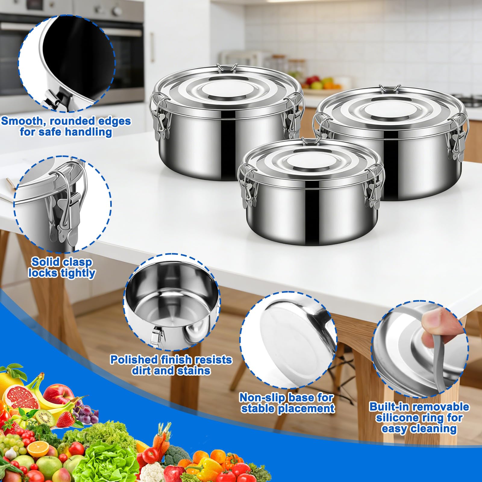 3Pezzi Contenitori Ermetico Alimenti Acciaio Inox con Coperchio, Schiscetta Pranzo Acciaio Inossidabile per Preparare Pasti, Conservare Avanzi, Zuppe, Frutta e Insalate