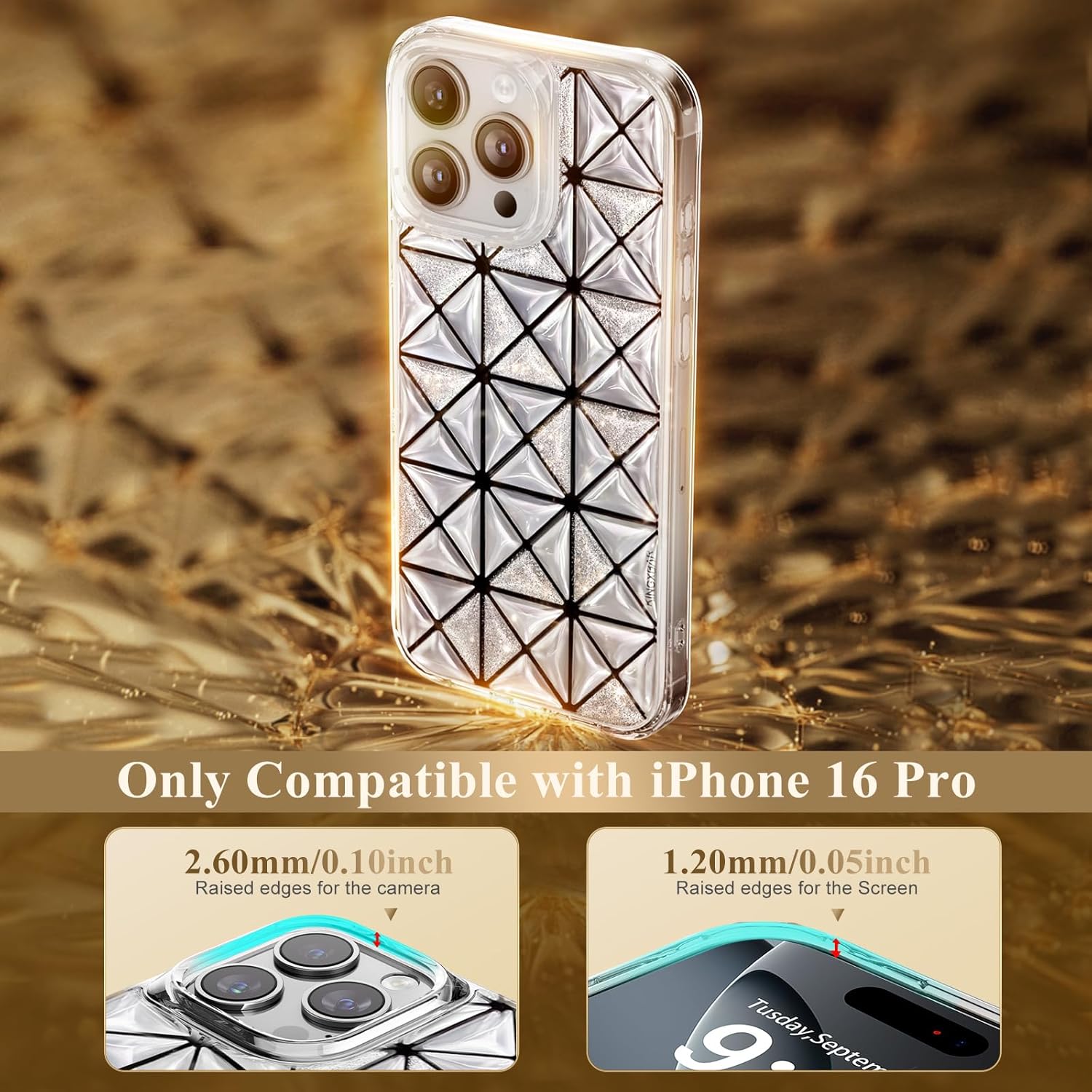 Case for iPhone 16 Pro, Shockproof Protection with Sparkling Glitter, Sparkle Rose Gold Phone Cover for iPhone 16 Pro