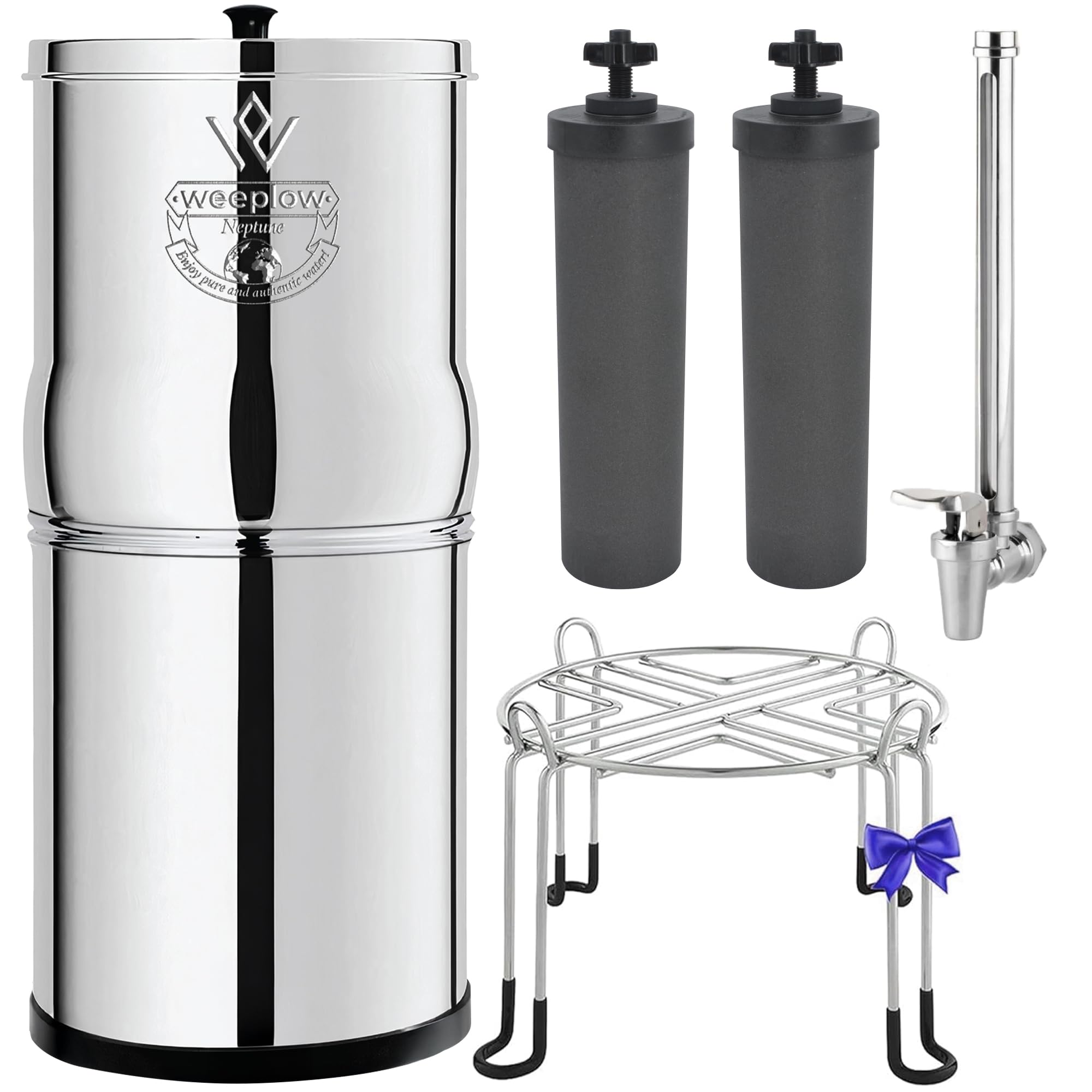 Weeplow Neptune Gravity Water Filter System 11L Stainless Steel Countertop Water Filter Includes 2 O'Pure 2 Filter Elements, Stand & Water Level Gauge Berkey-Style Gravity Filtration
