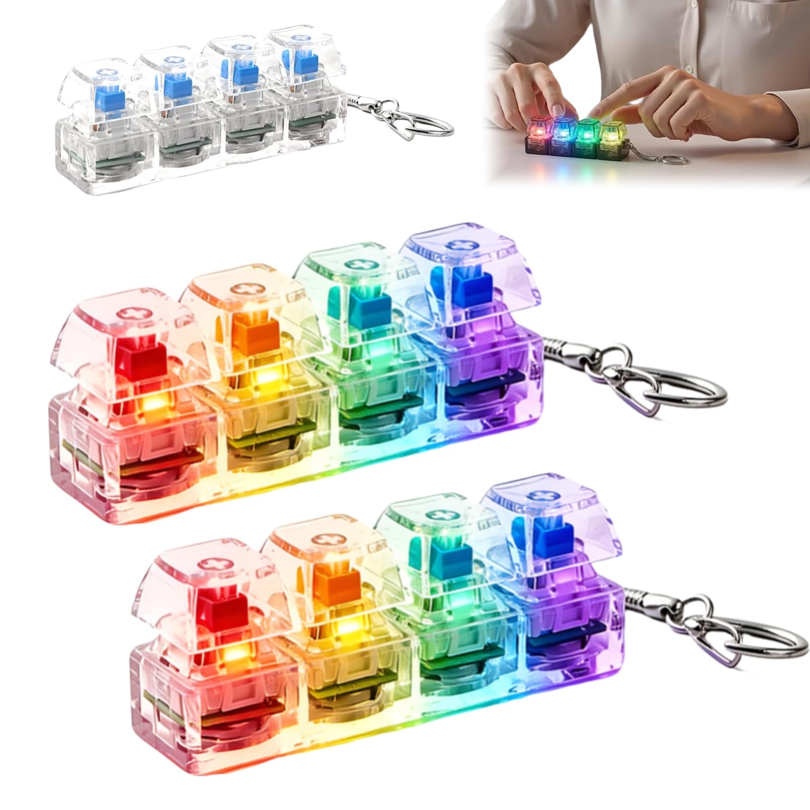Clicky Keyboard Fidget Toy Light Up, Glowing Keyboard Fidget Toy, 4 Button Mini Keyboard Keychain Clicker Fidget, Portable Anti Stress Keyboard Fidget Keychain Toys For Adults and Kids (A-2pcs)