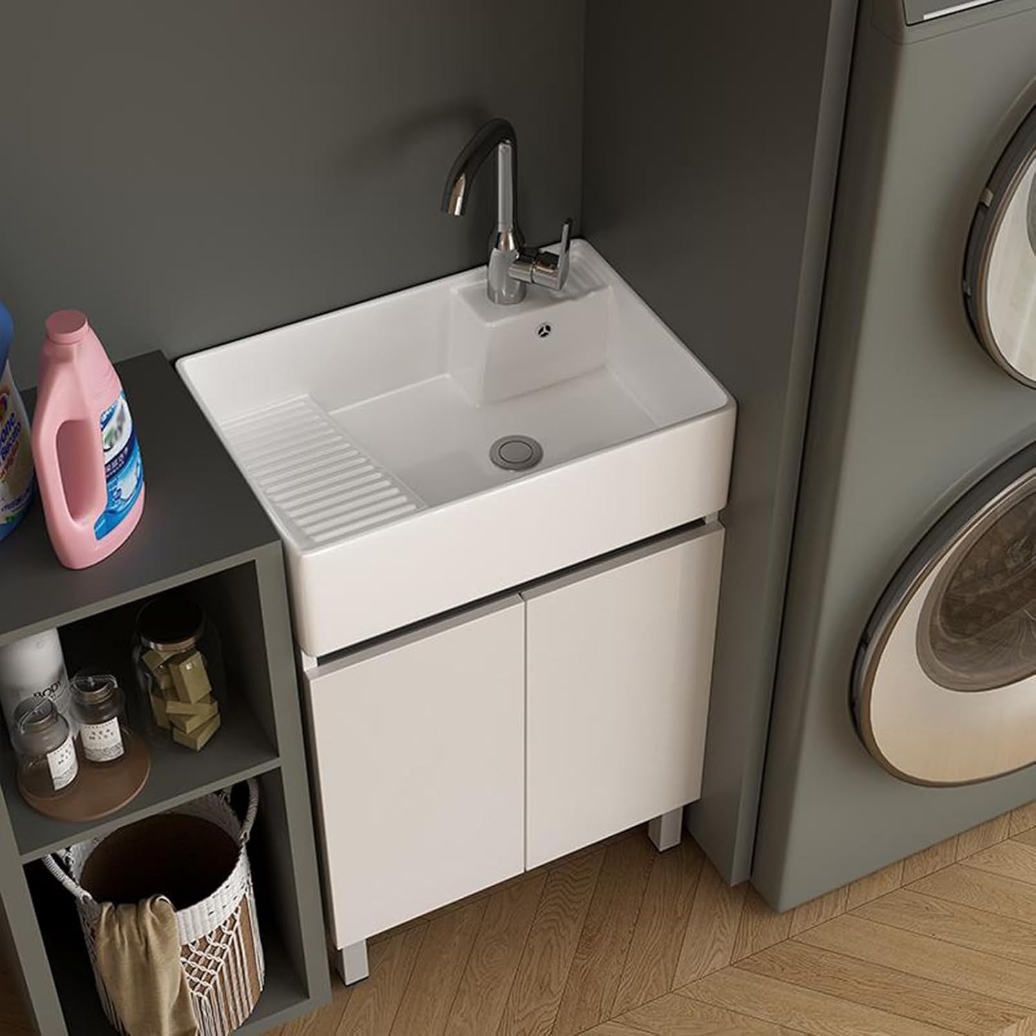 Freestanding Sink, Ceramic Sink with Hot and Cold Tap Drain, Sink Set